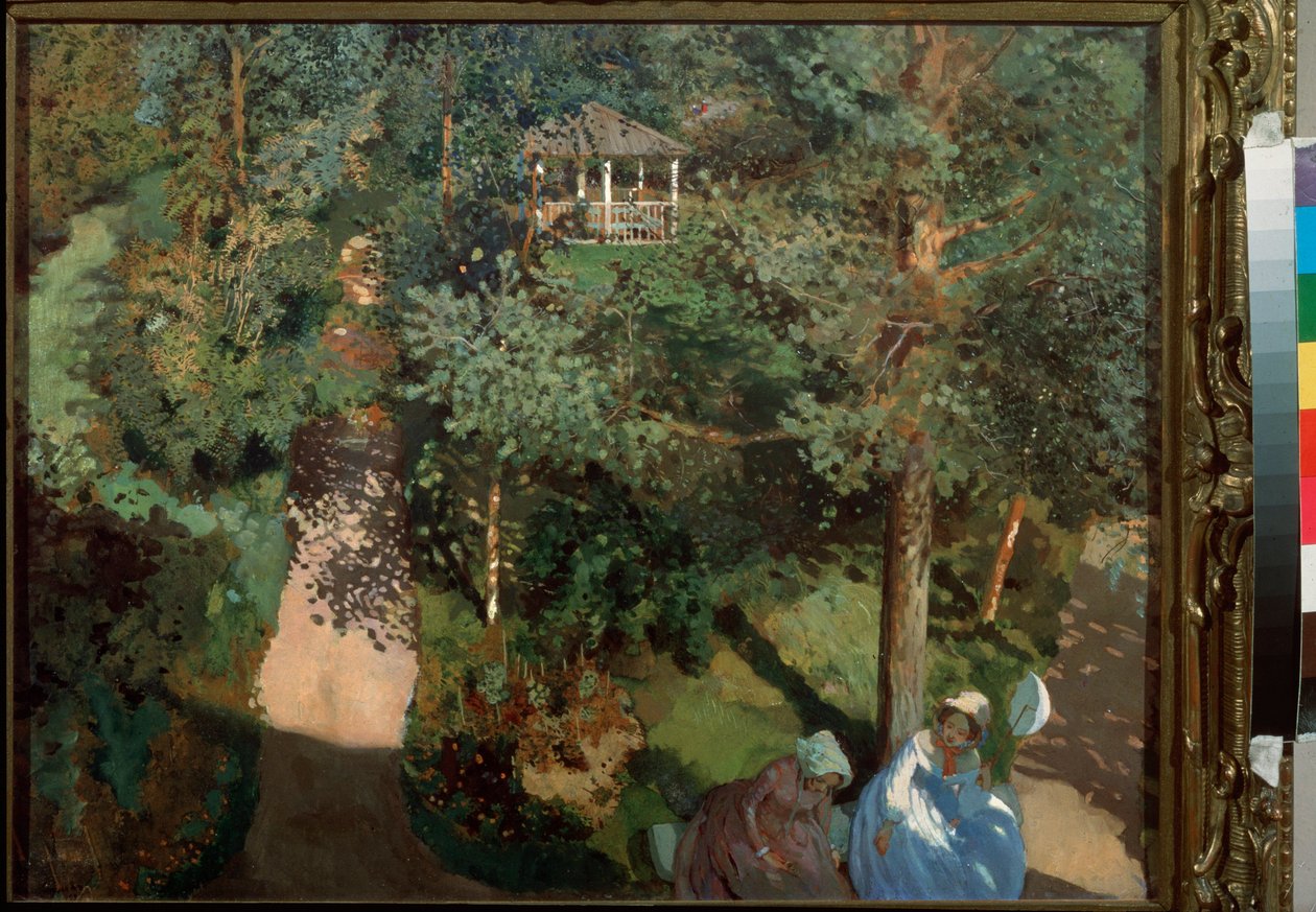 Luottamukset. (Kaksi naista penkillä, puistossa puita.) Konstantin (Konstantin) Andrejevitš Somovin (1869-1939) maalaus, öljy pahville tekijältä Konstantin Andreevic Somov