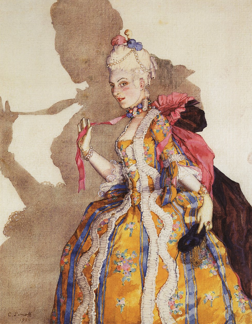 Costume pour marquise, tulkki Tamara Karsavina (1885-1978) - Pukusuunnittelu Tamara Karsavinalle markiisina. Mozartin musiikki - Konstantin Andrejevitš Somov (1869-1939). Akvarelli, guassi paperille tekijältä Konstantin Andreevic Somov