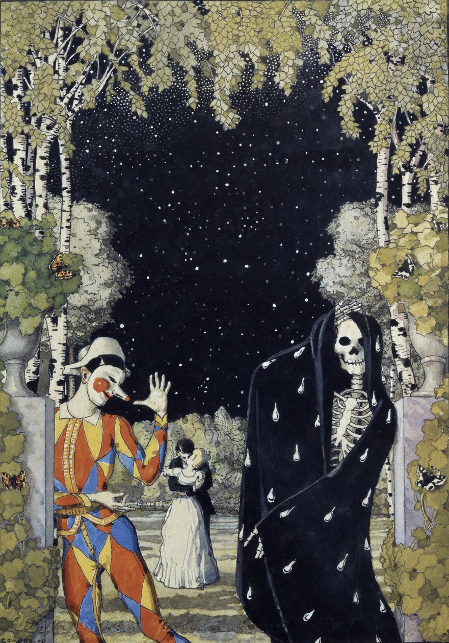 Harlekiini ja kuolema, 1907 tekijältä Konstantin Andreevic Somov