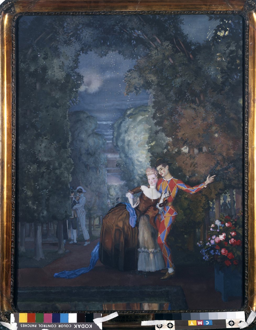Harlekiini ja nainen, 1912 (wc ja guassi kartongille) tekijältä Konstantin Andreevic Somov