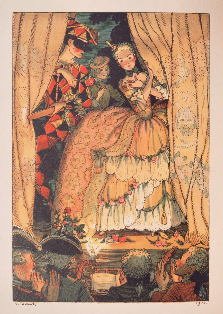 Il·lustració per a "Le Livre de la Marquise" de Franz Blei (Il·lustració per al Llibre de la marquesa de Franz Blei) (una marquesa aixeca el teló de l