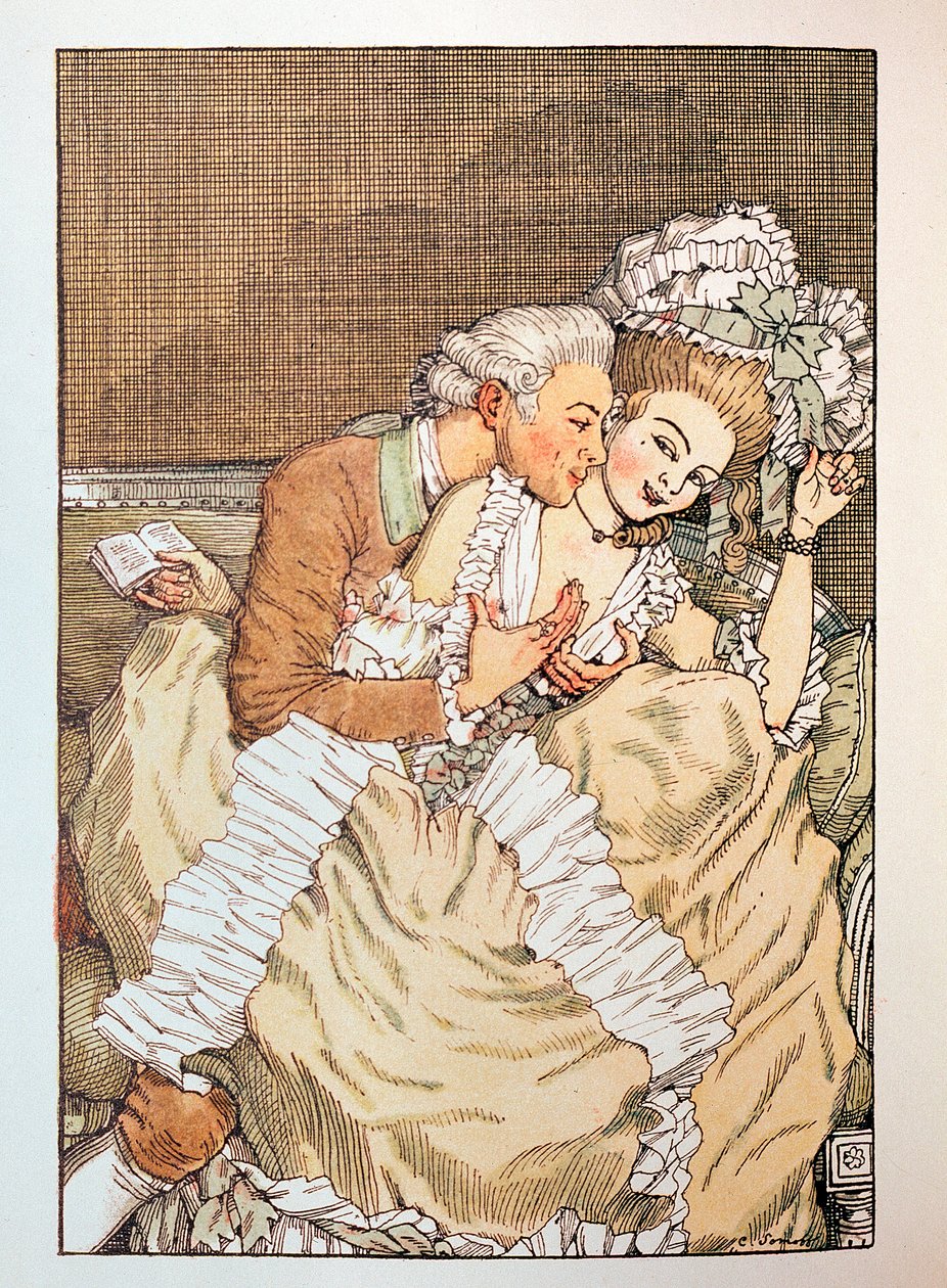 Kuvitus Franz Blein "Le Livre de la Marquise" -kuvaan (kuvitus Franz Blein Marquise-kirjaan) (marssimies, joka pilailee kärsimättömän rakastajan kanssa) - Konstantin (Konstantin) Andrejevitš Somovin (1869-1939) teos, etsaus tekijältä Konstantin Andreevic Somov
