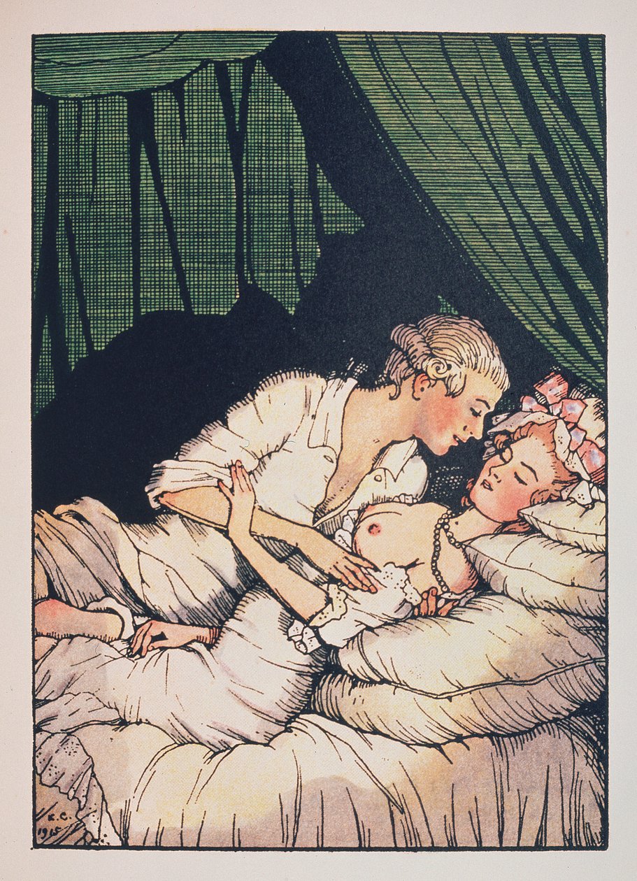Kuvitus Franz Blein "Le Livre de la Marquise" -kuvaan (kuvitus Franz Blein Marquise-kirjaan) (markiisitar, yläosattomissa, makaa sängyssä rakastajansa kanssa) - Konstantin (Konstantin) Andrejevitš Somovin (1869-) teos 1939), etsaus tekijältä Konstantin Andreevic Somov