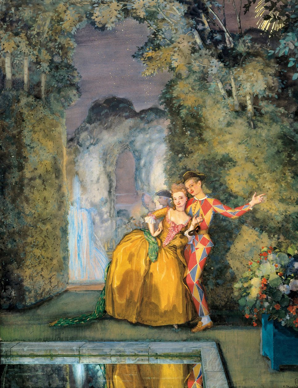 Piika arlekiinilla, n. 1900 (akvarelli) tekijältä Konstantin Andreevic Somov