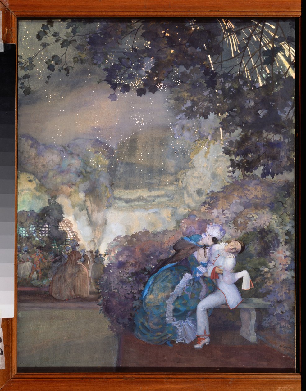 Pierrot ja nainen. (Flirttailee naamiaisissa). Konstantin (Konstantin) Andrejevitš Somovin (1869-1939) teos, guassi paperille tekijältä Konstantin Andreevic Somov
