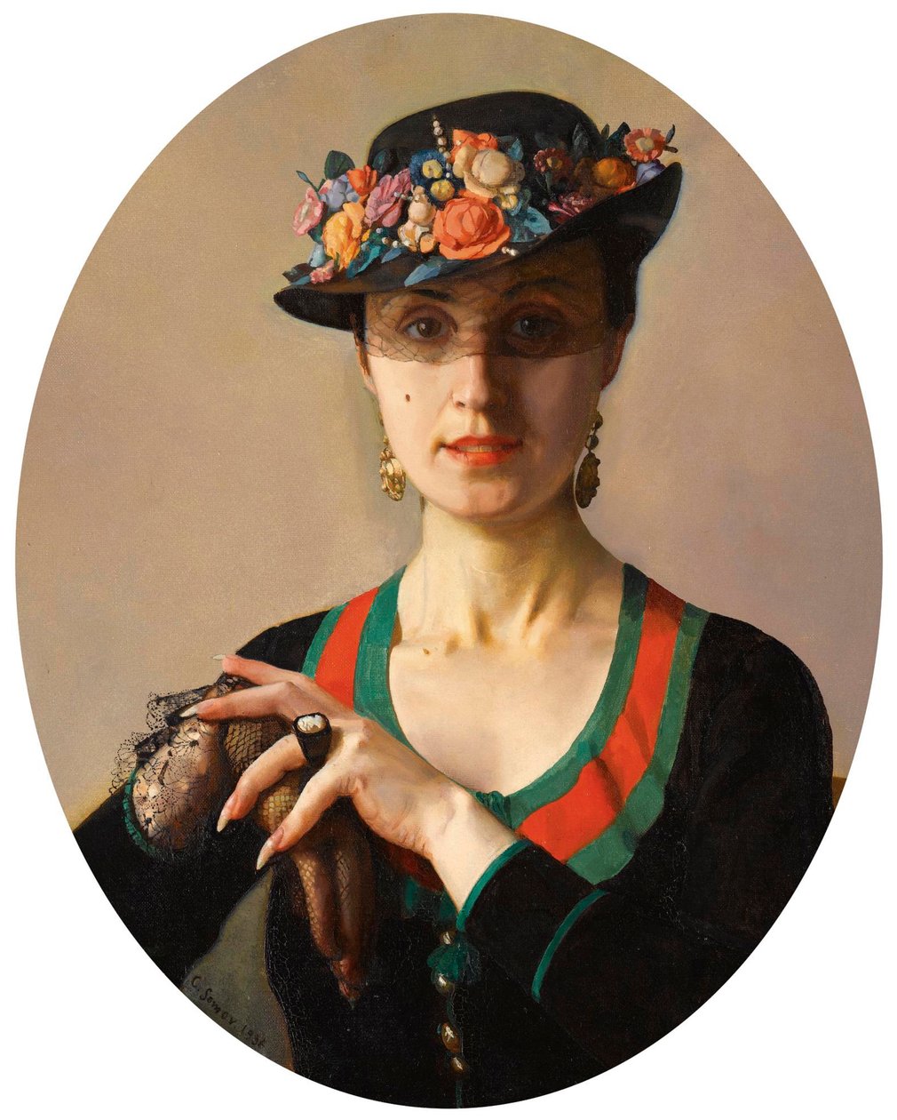 ""Naisen muotokuva" (Naisen muotokuva) Hänellä on kukkainen hattu, jossa on huntu. Konstantin Somovin (1869-1939) maalaus tekijältä Konstantin Andreevic Somov