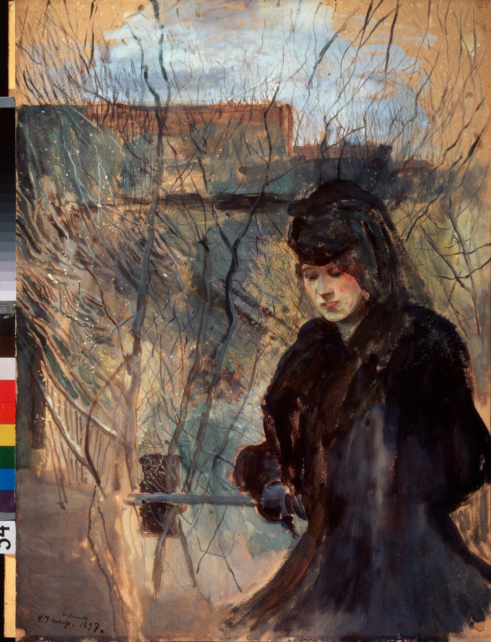 Printemps (Kevät) (Mustiin pukeutunut nainen, melankolisen näköinen ja alaspäin katsova, ohueen esteeseen nojaten) - Konstantin (Konstantin) Andrejevitš Somovin (1869-1939) työ, akvarelli ja guassi pahville tekijältä Konstantin Andreevic Somov