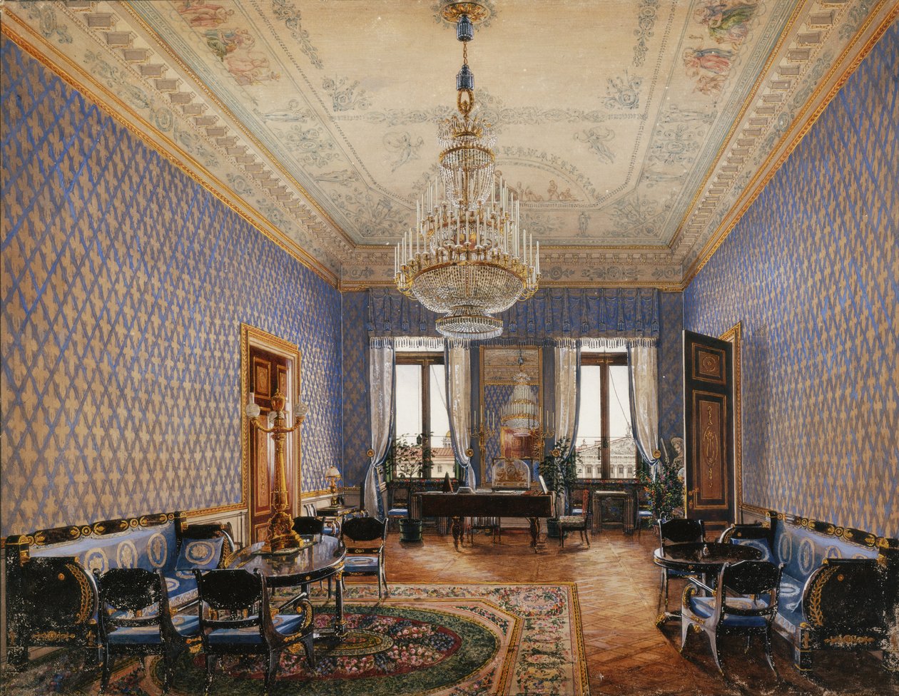 Talvipalatsin sisätilat. Suurprinsessa Maria Nikolajevnan salonki, 1837 tekijältä Konstantin Andreyevich Ukhtomsky