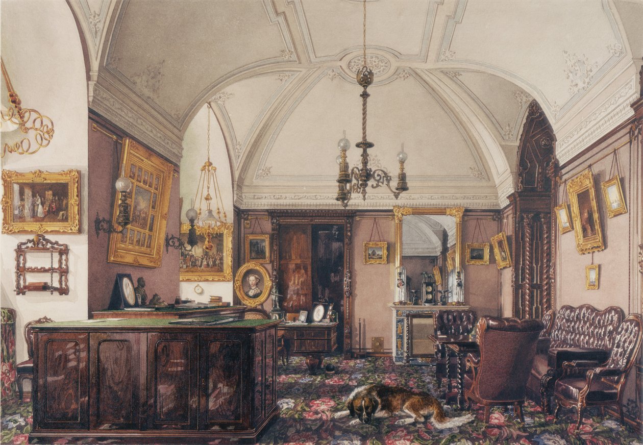 Talvipalatsin sisätilat. Suurprinssi Nikolai Nikolajevitšin tutkimus, 1856 tekijältä Konstantin Andreyevich Ukhtomsky