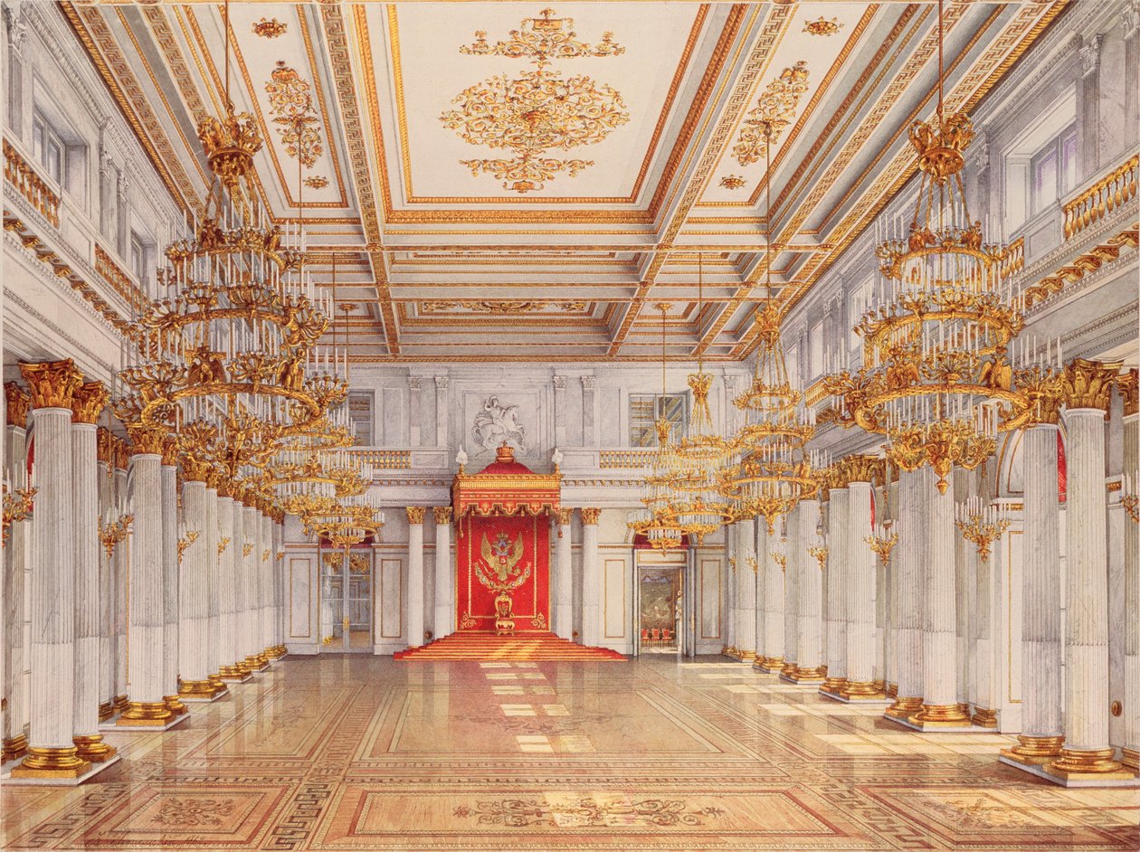 Pietarin talvipalatsin George Hall, Suuri valtaistuinsali - Konstantin Andrejevitš Ukhtomsky (Constantin Oukhtomsky) (1818-1881) teos, vesiväri paalla tekijältä Konstantin Andreyevich Ukhtomsky