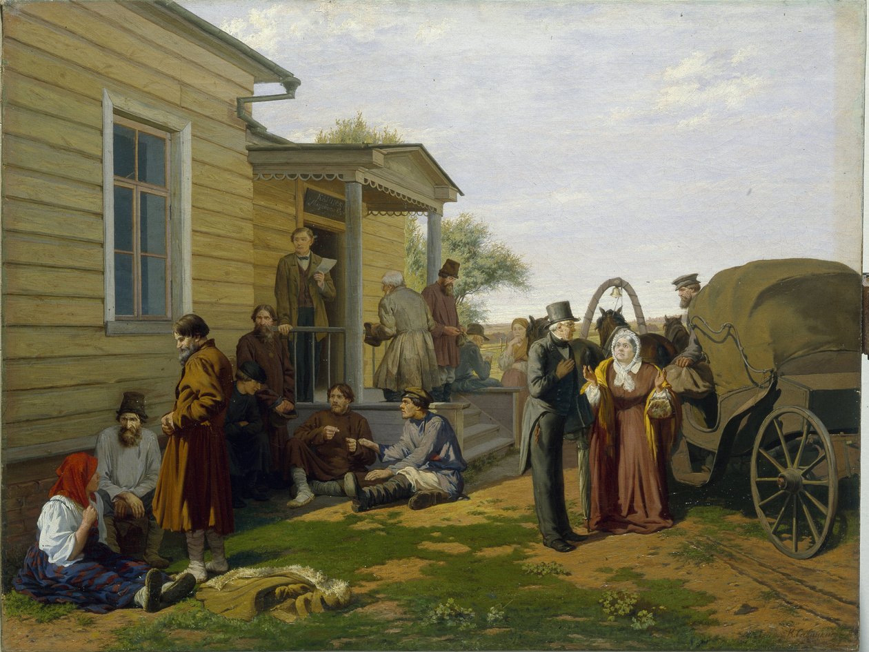 Rauhantuomari. Tuomioistuimen rakentaminen Venäjän maaseudulle, talonpojat odottavat jutellen, asianajajat ovat kiireisiä. Maalaus Konstantin Apollonovich Savitsky (1844-1905), öljy kankaalle. 1800-luvun venäläinen taide. Regi tekijältä Konstantin Apollonovich Savitsky