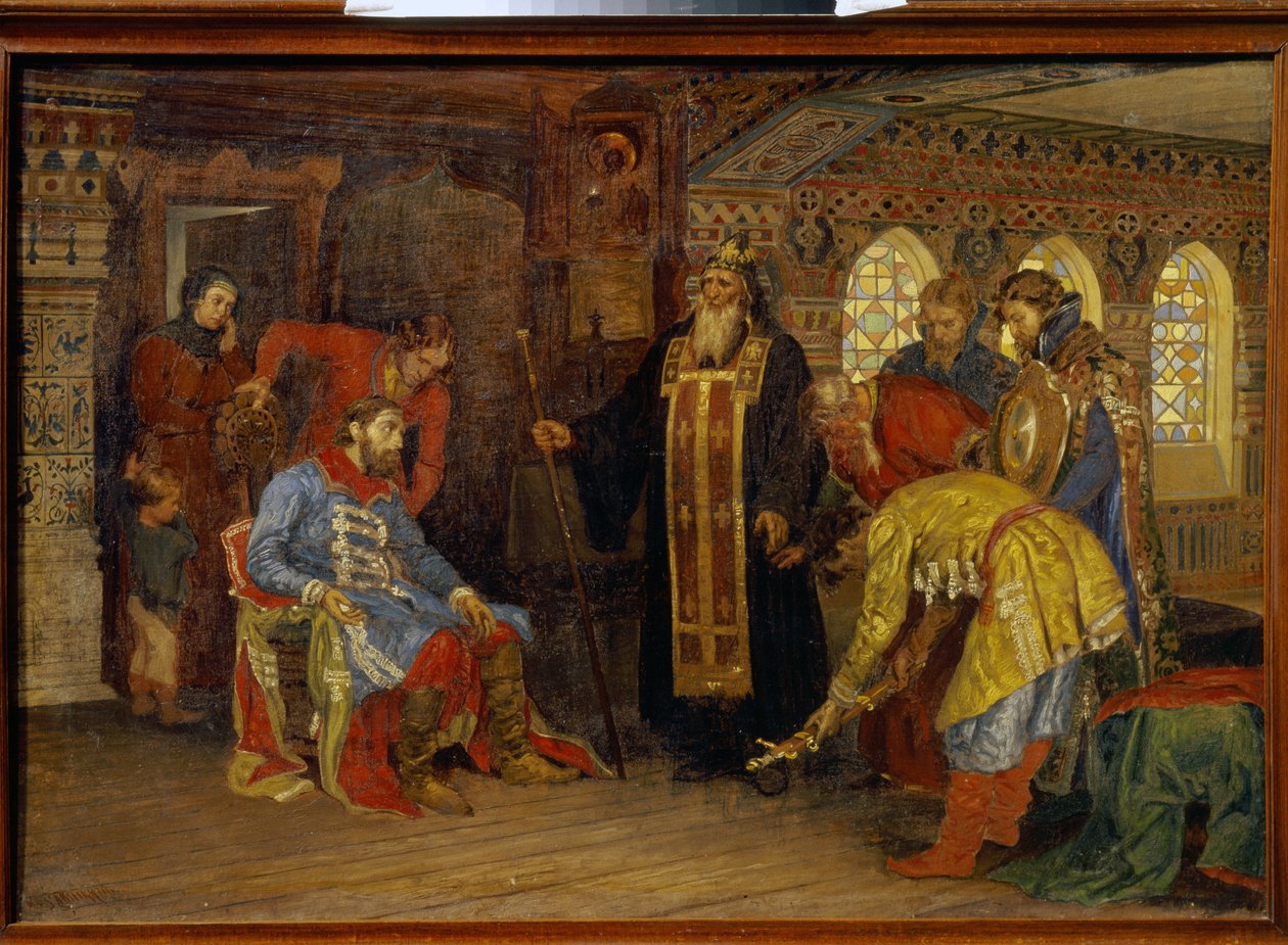 Prinssi Dmitri Pozharskyn (1577-1642) kutsu komentaa armeijoita Moskovan vapauttamiseksi. (Prinssi Pozharskyn kutsu hallita armeijoita Moskovan vapauttamiseksi). Saatuaan Irenarchos Rostovin siunauksen, ruhtinas tekijältä Konstantin Apollonovich Savitsky
