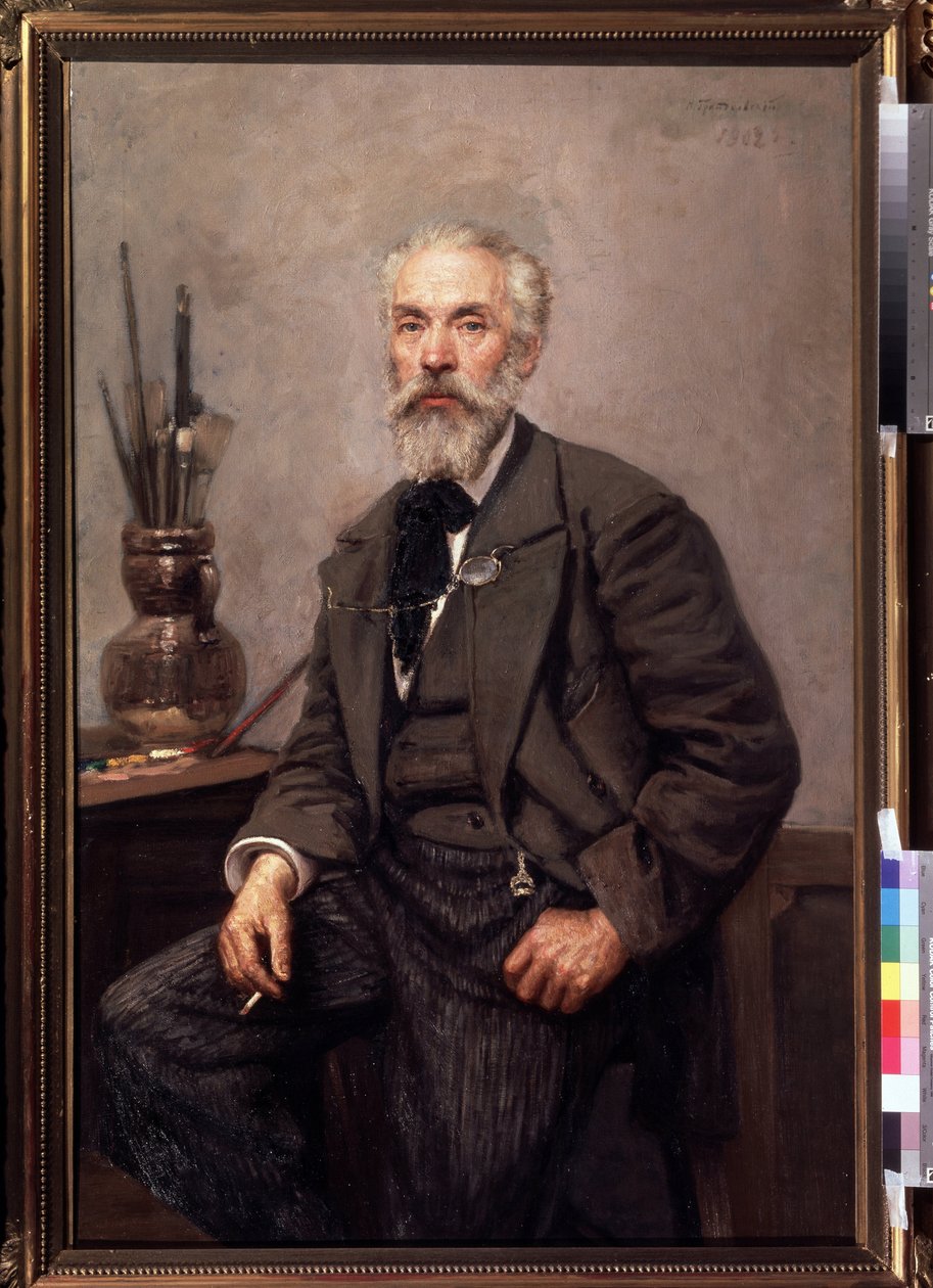 Taiteilija Konstantin Savitskyn (1844-1905) muotokuva (Taiteilija K. Savitskyn muotokuva). Nikolai Karlovitš Grandkovskin (1864-1907) maalaus öljy kankaalle tekijältä Konstantin Apollonovich Savitsky