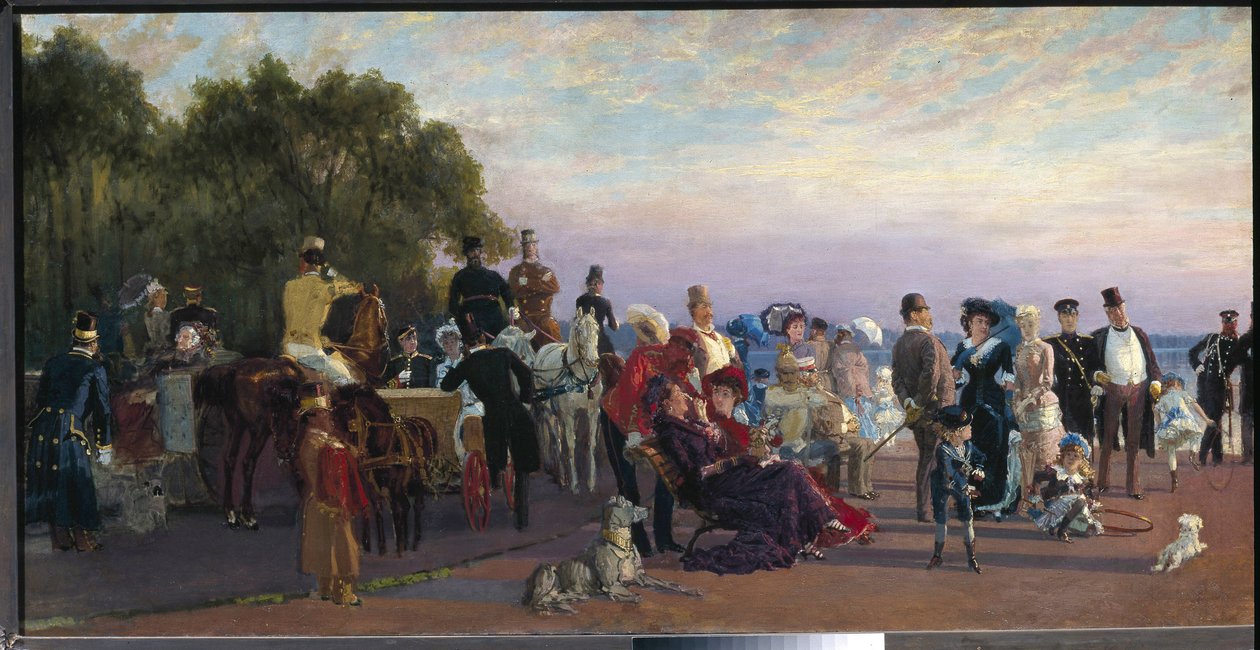 Vasilievskin saaren kärjessä Strelka (Pietari) (Saaren halkeamassa, Strelka). Aristokraattien tapaaminen kesäiltana. Maalaus Konstantin Apollonovich Savitsky (1844-1905), öljy kankaalle, noin 1870. 1800-luvun venäläistä taidetta, toteutettu tekijältä Konstantin Apollonovich Savitsky