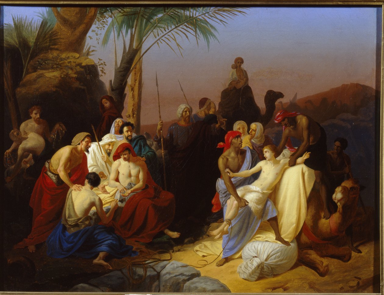 Joosefin myynti. (Jakso Genesiksen kirjasta, kun hänen veljensä myyvät Joosefin orjakauppiaille. Konstantin Dmitrievich Flavitskyn (1830-1866) maalaus, öljy kankaalle tekijältä Konstantin Dmitrievich Flavitsky