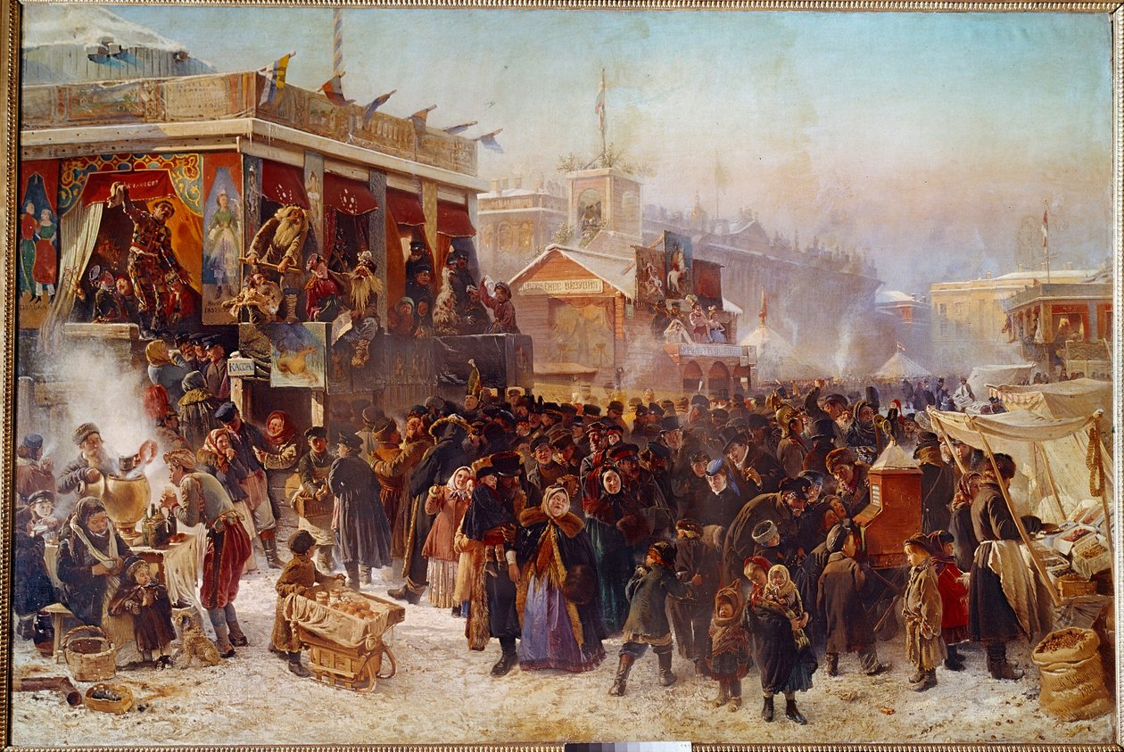 Balladiinit Admiraut-aukiolla St. Petersburg Street Theatre Showssa. Constantine Makovskin (Makovsky) (1839-1915) maalaus (ec.rus.) 1869 Moskova, Tretjakovin galleria tekijältä Konstantin Egorovich Makovsky