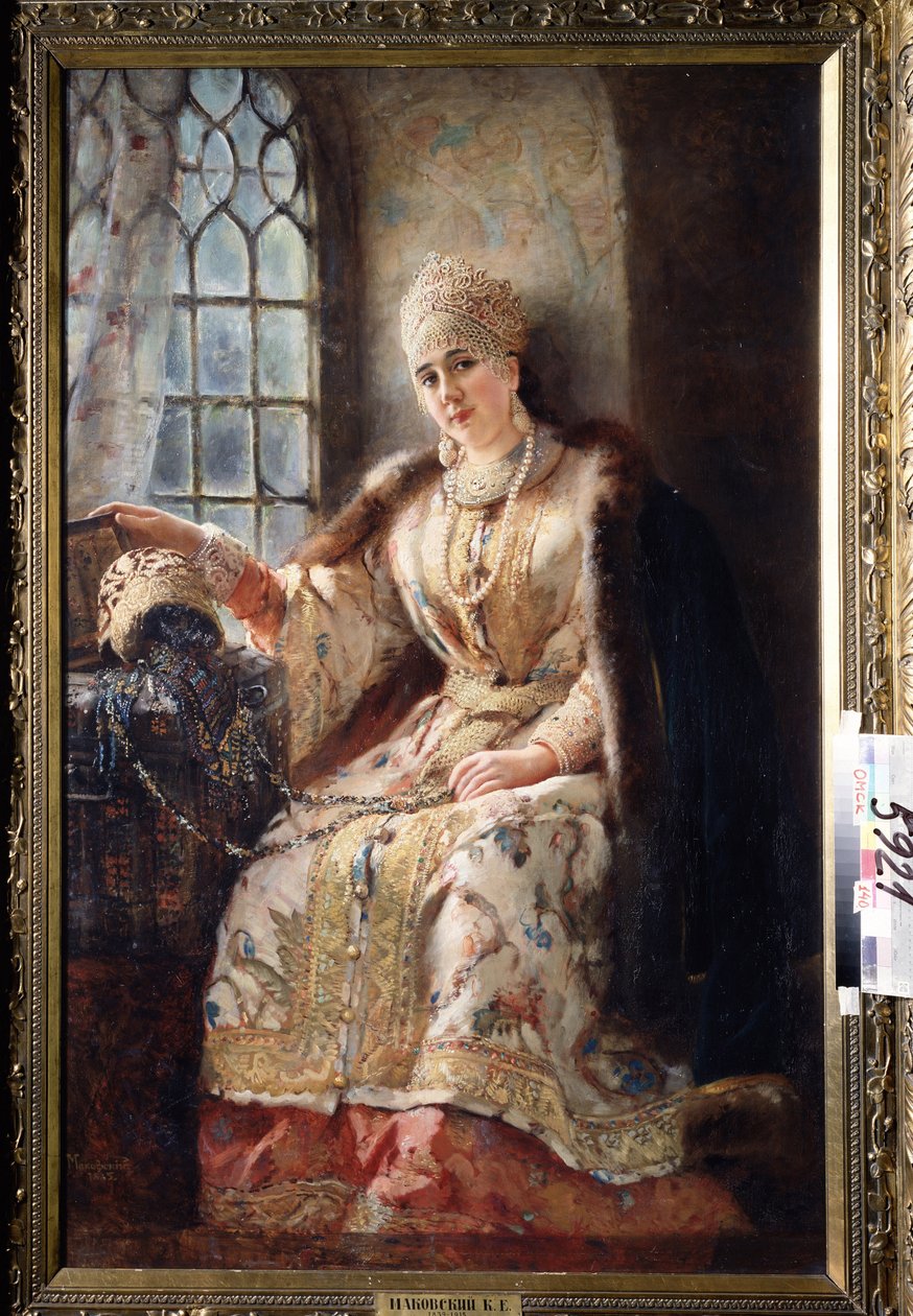Dona boyard (boiard, boiar) a la finestra. (La dona del boiar a la finestra). Amb la mà recolzada sobre un pit, la dona va vestida amb un vestit de sarafan i porta un kokochnik al cap, un pentinat tradicional. Pintura de Konstantin Yegorovich Makovsky (Con tekijältä Konstantin Egorovich Makovsky