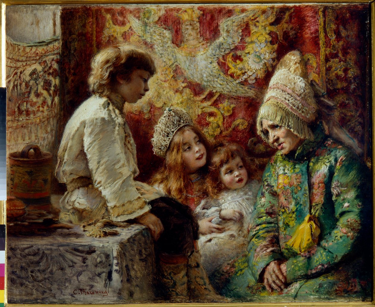 Isoäiti lasten kanssa (Isoäidin satu) - Makovsky, Konstantin Jegorovich (1839-1915) - 1882 - Öljy puulle - Valtion ulkoilmamuseo Pavlovskin palatsi, Pietari tekijältä Konstantin Egorovich Makovsky