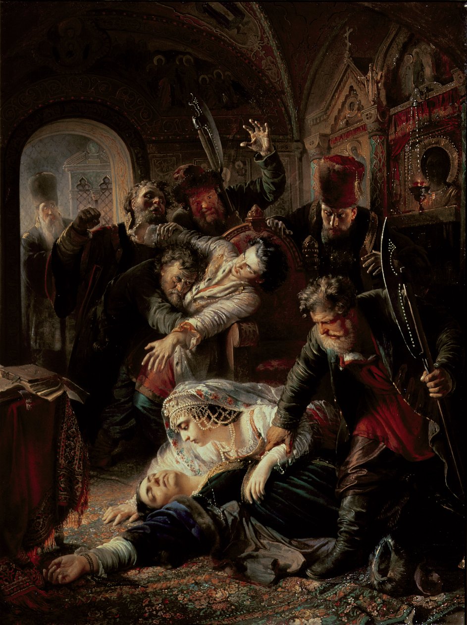 Palkatut salamurhaajat tappavat tsaari Boris Fjodorovitš Godunovin poika tekijältä Konstantin Egorovich Makovsky