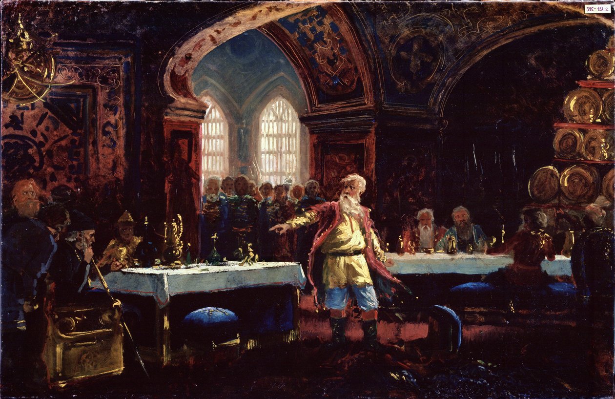 Kreivi Mikael Repnin (?) Ivan Julman juhlassa (1530-1584). (Kreivi Mihail Repnin Ivan The Terrible Feastissa). Repnin, joka seisoo katettujen pöytien keskellä, tuomitsee tsaarin politiikan. Konstantin Jegorovich Makovskin maalaus (Constantin Mak tekijältä Konstantin Egorovich Makovsky
