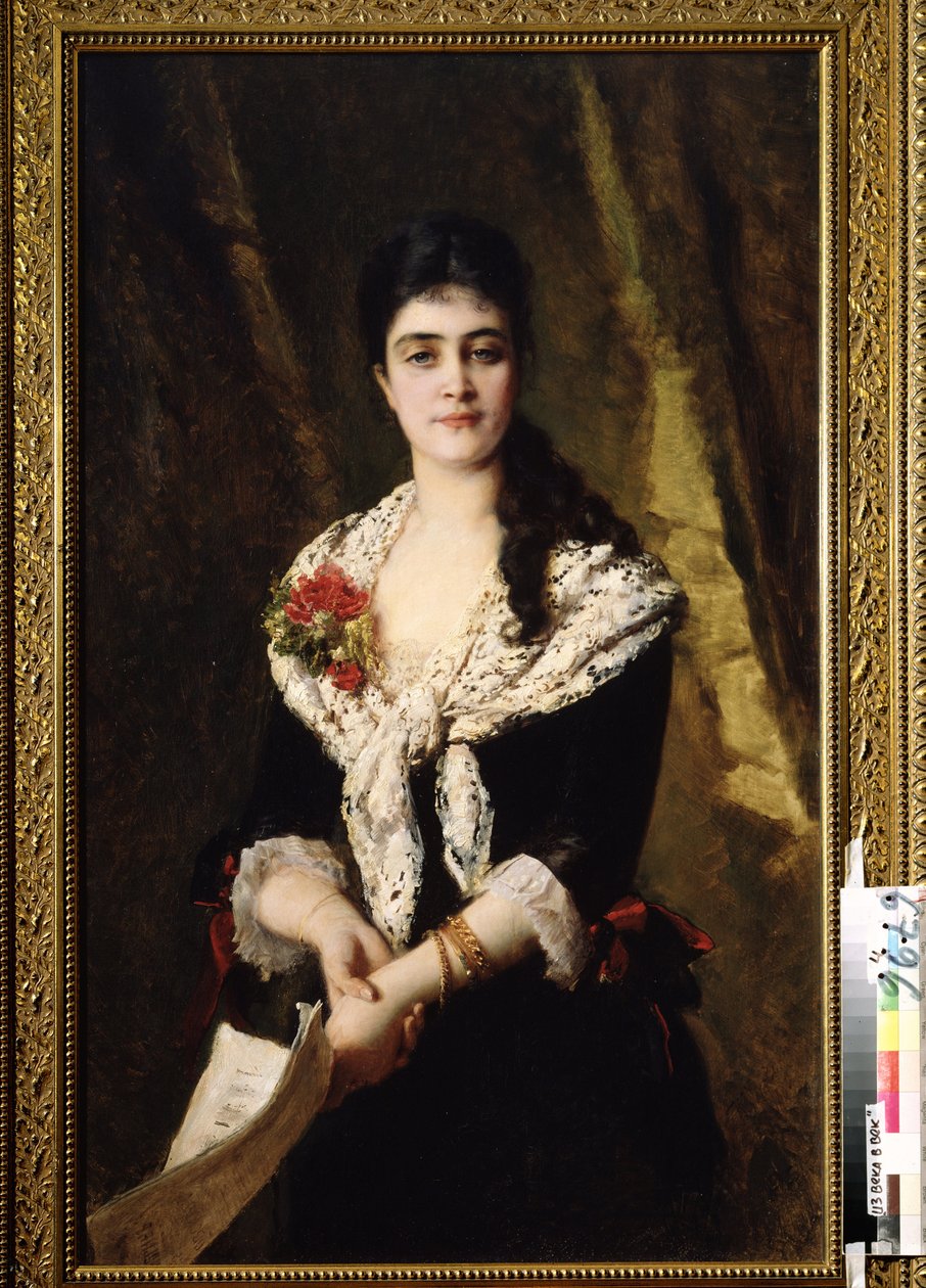 Laulaja A. Panaeva Kartseva muotokuva Tatjanan roolista Piotr Tšaikovskin oopperassa Eugene Oneguine. (Muotokuva laulaja A. Panaeva Kartsevasta Tatjana P. Tšaikovskin oopperassa Jevgeni Onegin). Konstantin Jegorovicin maalaus tekijältä Konstantin Egorovich Makovsky