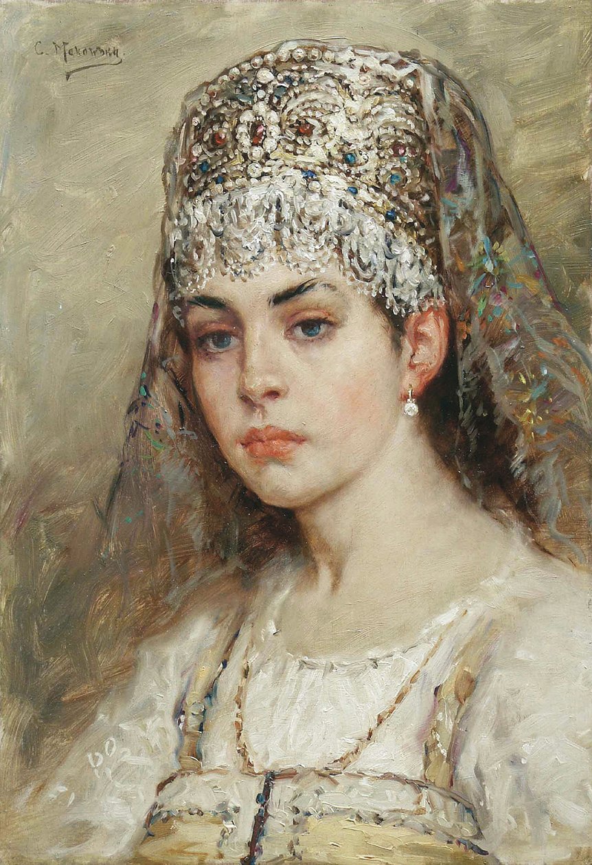 Bojaarinaisen muotokuva (boiard, boiar): hän on pukeutunut sarafaanimekkoon ja kokoshnik päässä, perinteinen kampaus - Konstantin Jegorovich Makovskin (Constantin Makovski) maalaus (1839-1915) tekijältä Konstantin Egorovich Makovsky
