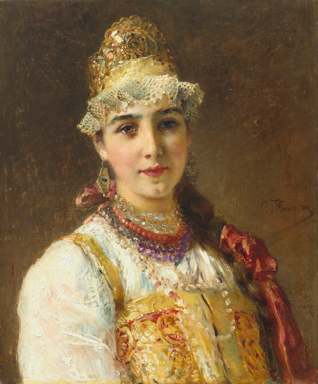 Bojaarinaisen muotokuva (boiard, boiar): hän on pukeutunut sarafaanimekkoon ja kokoshnik päässä, perinteinen kampaus - Konstantin Jegorovich Makovskin (Constantin Makovski) maalaus (1839-1915) tekijältä Konstantin Egorovich Makovsky