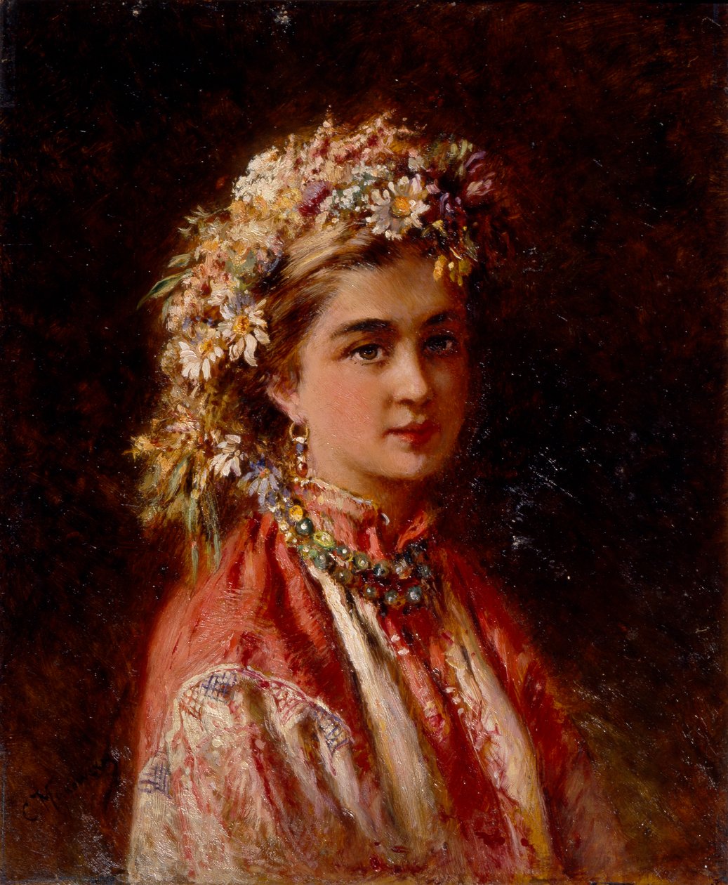 Nuori tyttö kukkaseppeleellä tekijältä Konstantin Egorovich Makovsky