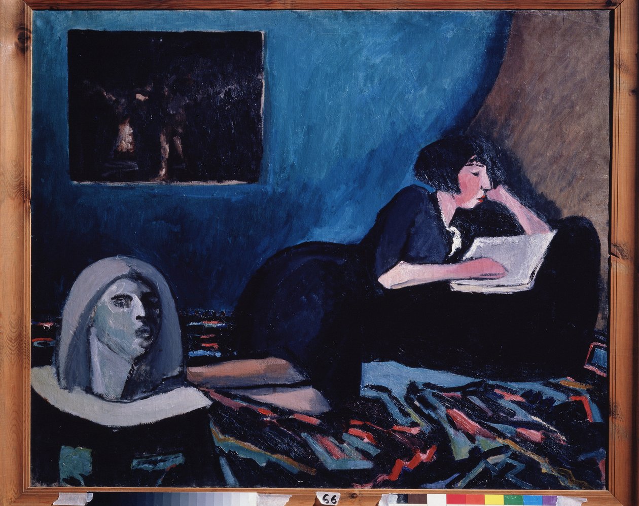 Nainen lukee (A Woman Reading). Konstantin Nikolajevitš Istominin (1887-1942) maalaus, öljy kankaalle 1931 Venäjän modernia taidetta, 1900-luku. Valtion Tretjakovin galleria, Moskova. tekijältä Konstantin Istomin