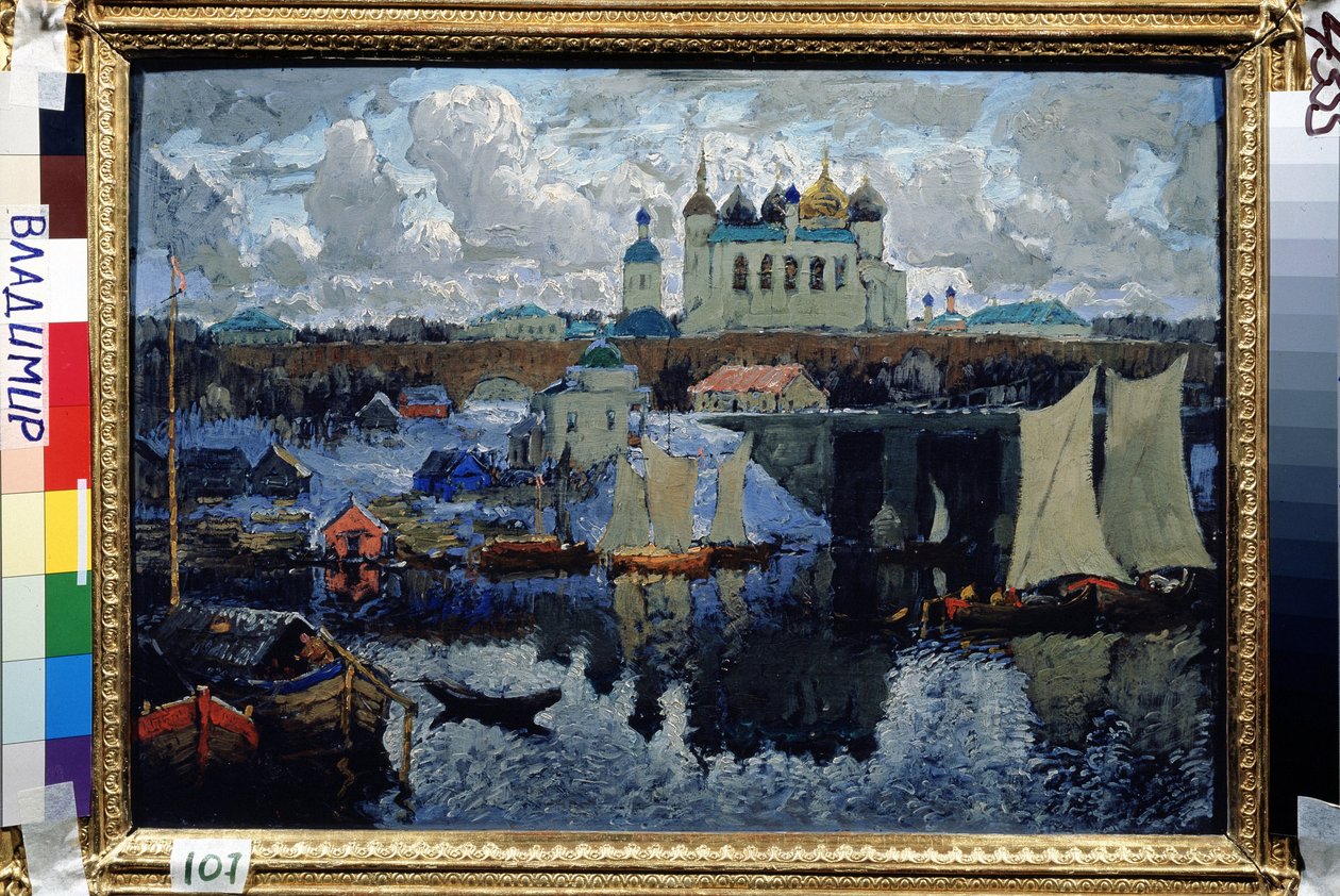 Silta Novgorodissa (Venäjä) (Novgorod, Pier). Konstantin (Konstantin) Ivanovitš Gorbatovin (1876-1945) maalaus öljy kankaalle tekijältä Konstantin Ivanovich Gorbatov