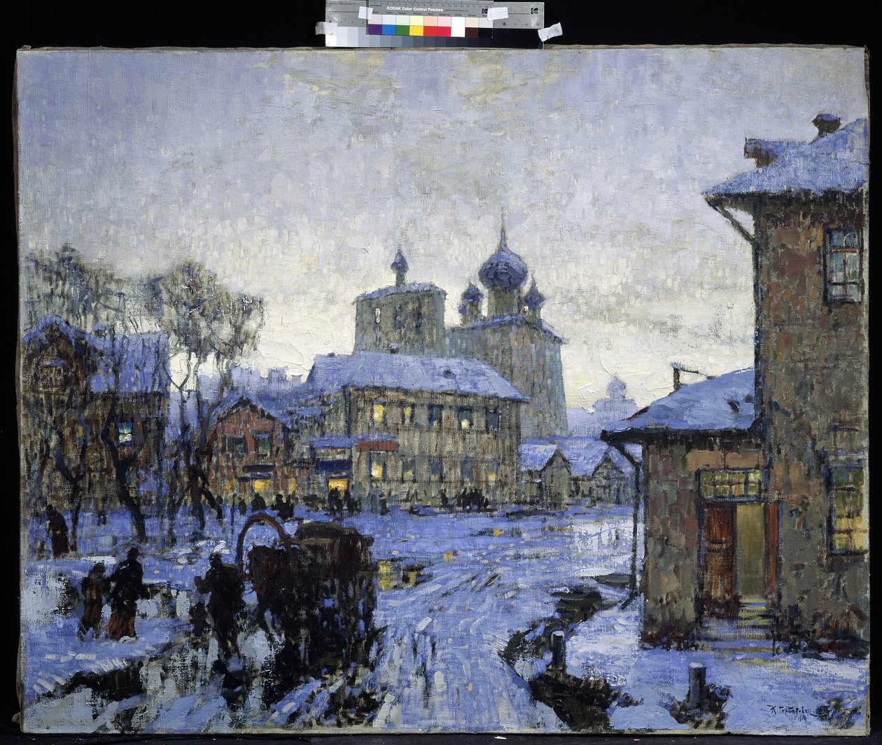 ""The Thaw"" venäläinen kylämaisema talven lopulla. Konstantin (Konstantin) Gorbatovin (1876-1945) maalaus 1910 M. Kroshitskyn taidemuseo, Sevastopol tekijältä Konstantin Ivanovich Gorbatov