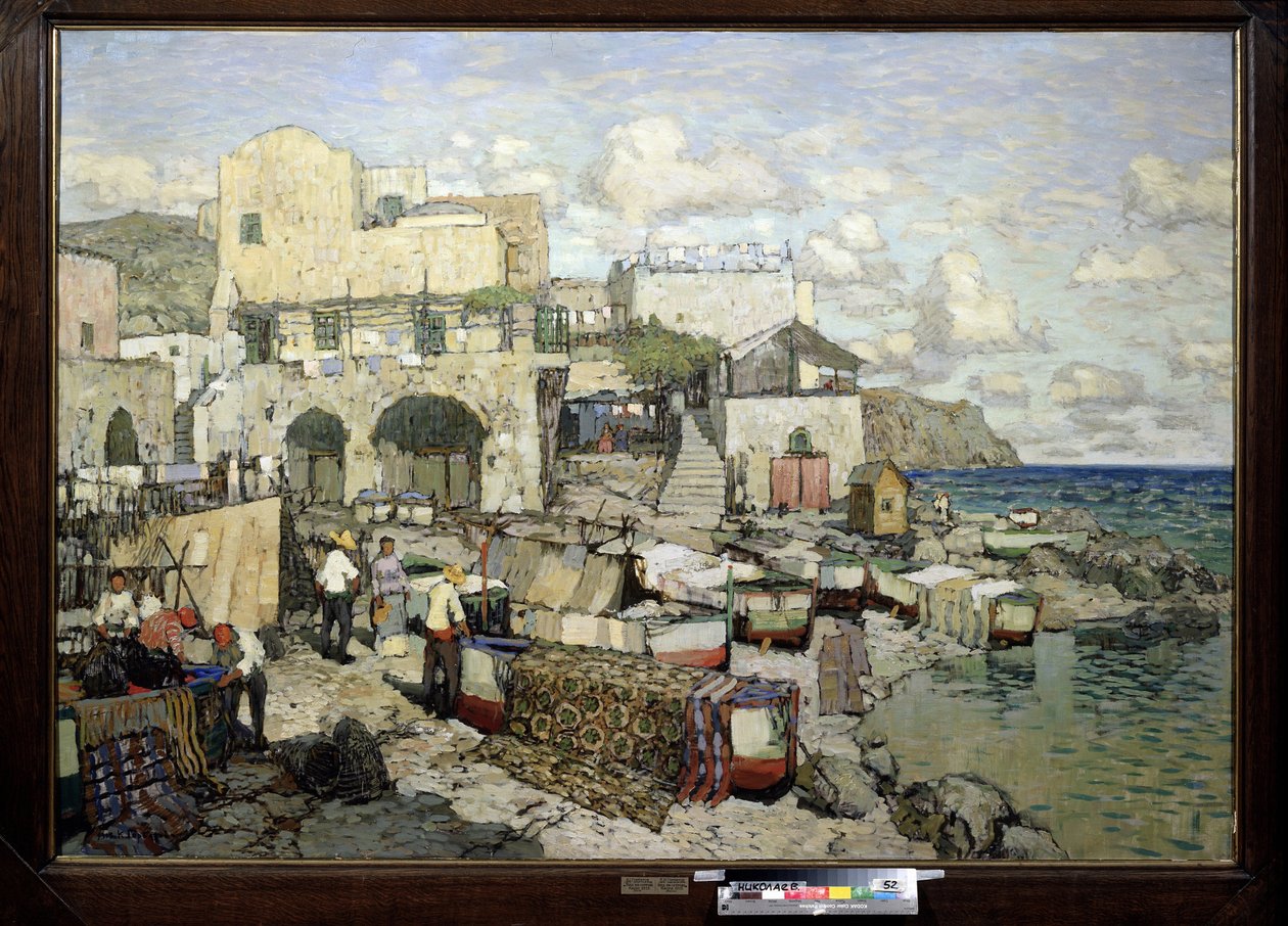 Näkymä Caprin saarelle (Italia). (Näkymä Caprin saarelle). Konstantin (Konstantin) Ivanovitš Gorbatovin (1876-1945) maalaus öljy kankaalle. 1900-luvun venäläinen taide, realismi. Alueellinen W. Wereshchaginin taidemuseo, Mykolaiv (tai Nikolaiev, Ukraina) tekijältä Konstantin Ivanovich Gorbatov