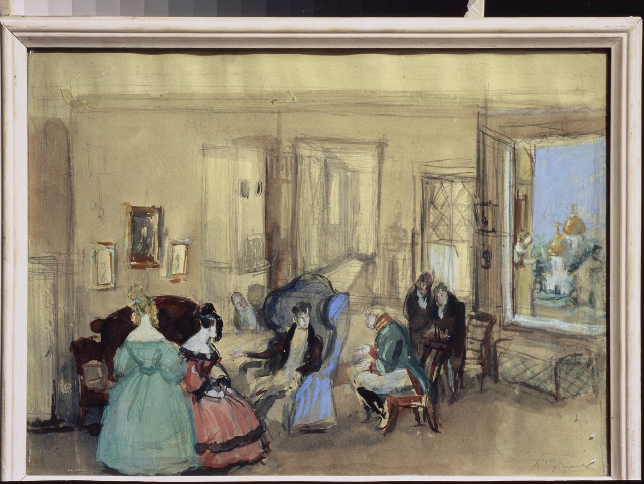 Kohtaus Nicolas Gogolin (1809-1852) teatterinäytelmästä "The Revizor" (kohtaus N. Gogolin teatterinäytelmästä The Revisor) - Konstantin Ivanovich Rudakovin (Constantin Roudakov) teos (1891-1949), akvarelli ja guassi paperille - taiteen skenografia tekijältä Konstantin Ivanovich Rudakov