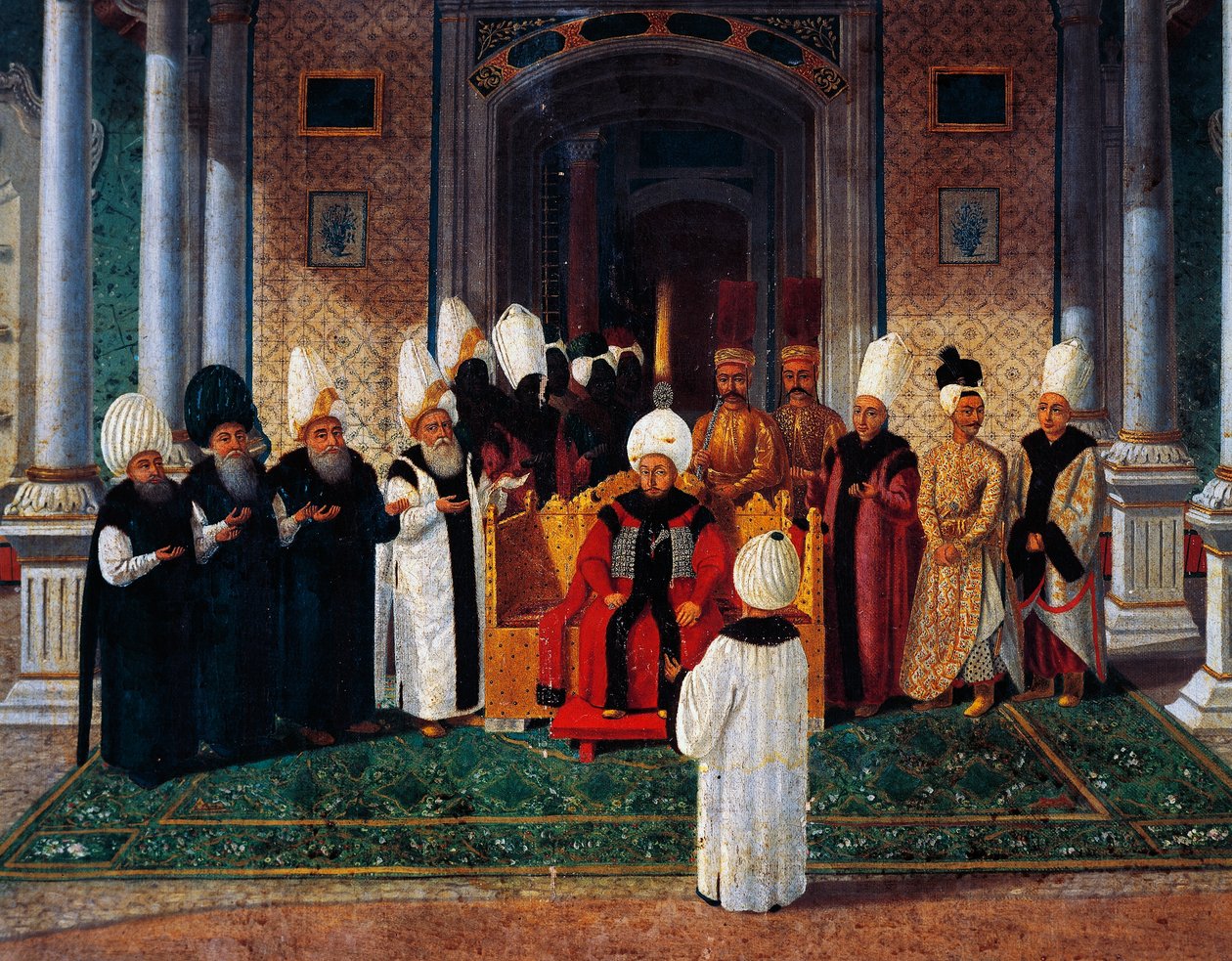 Selim III (1761-1808) vastaanottaa arvovieraita Topkapin onnellisuuden portin katoksen alla, yksityiskohta sulttaani Süleyman III:n valtaistuimelle nousun seremoniasta, noin 1789 (öljy kankaalle). tekijältä Konstantin Kapidagli