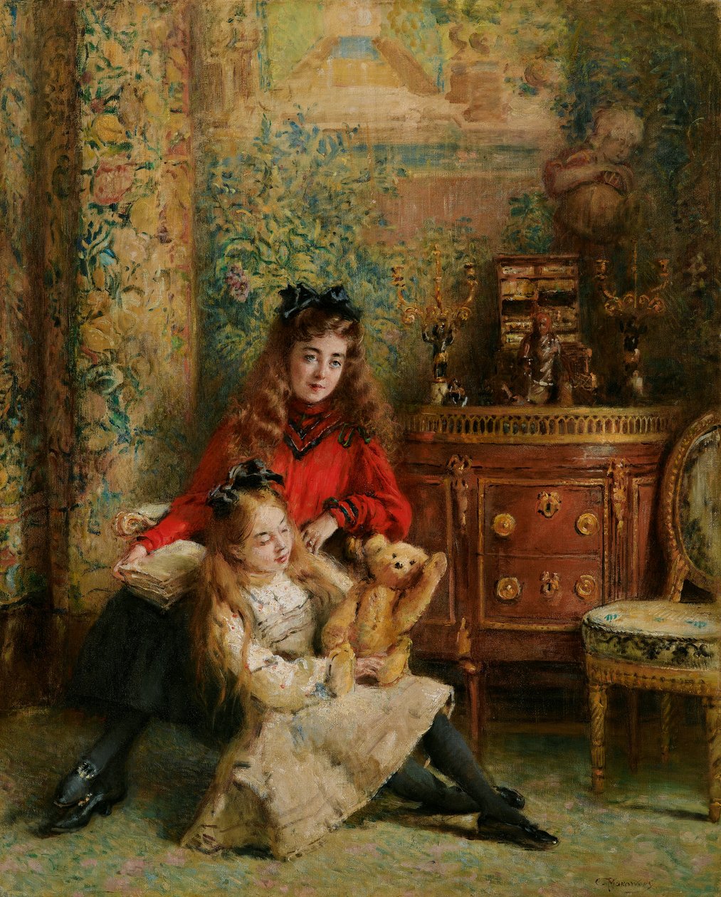 Muotokuva taiteilijan tyttäristä Olga ja Marina nallen kanssa tekijältä Konstantin Makovsky