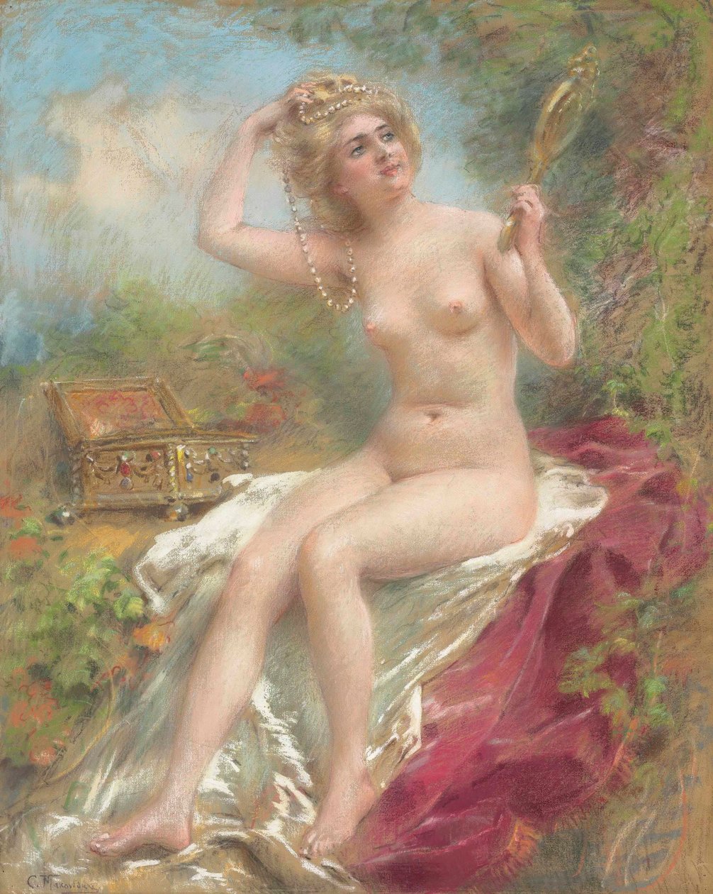 Istuva alaston katselee peiliin tekijältä Konstantin Makovsky