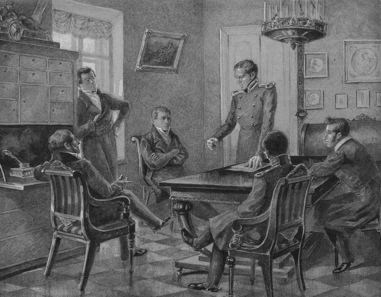 Pavel Pestelin puhe Pohjoisen Dekabristien Seuran kokouksessa Pietarissa, 1936 tekijältä Konstantin Mikhailovich Goldstein