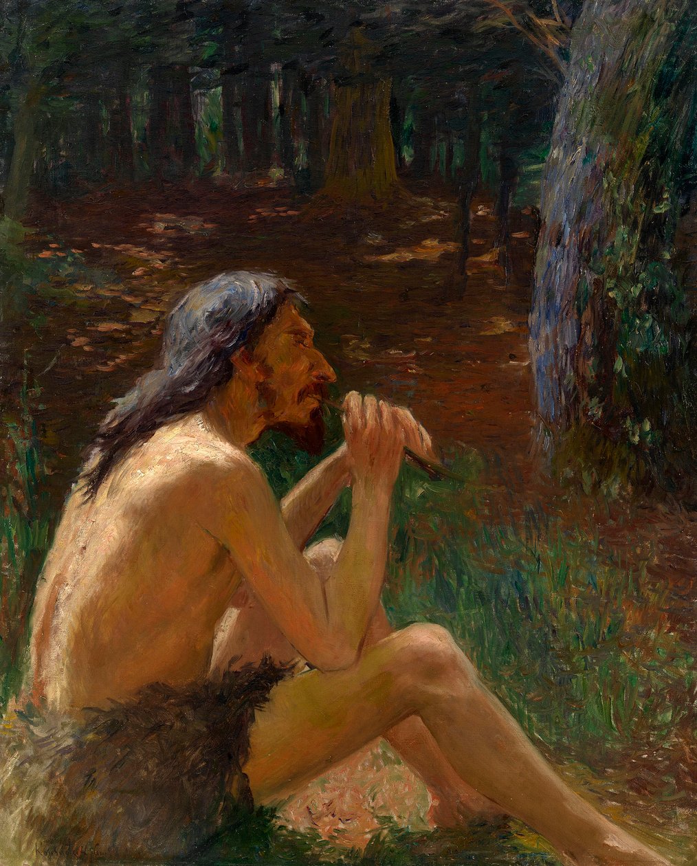 Luolamies soittamassa huilua - Konstantin Pavlovich Kuznetsovin (1863-1936) maalaus, öljy kankaalle (95x77 cm), venäläistä taidetta 1800-1900 - Yksityinen kokoelma tekijältä Konstantin Pavlovich Kuznetsov