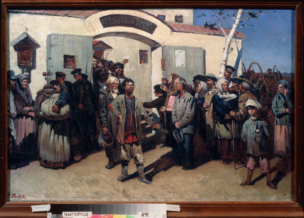 Takaisin vapauteen. (Rangaistuslaitoksen vankien vapauttaminen, katseet suunnattuna taivasta kohti ja liikuttunut joukko odottaa heitä). Konstantin Petrovitš Pyneevin (1868-1922) maalaus öljy kankaalle. venäläistä taidetta tekijältä Konstantin Petrovich Pyneev