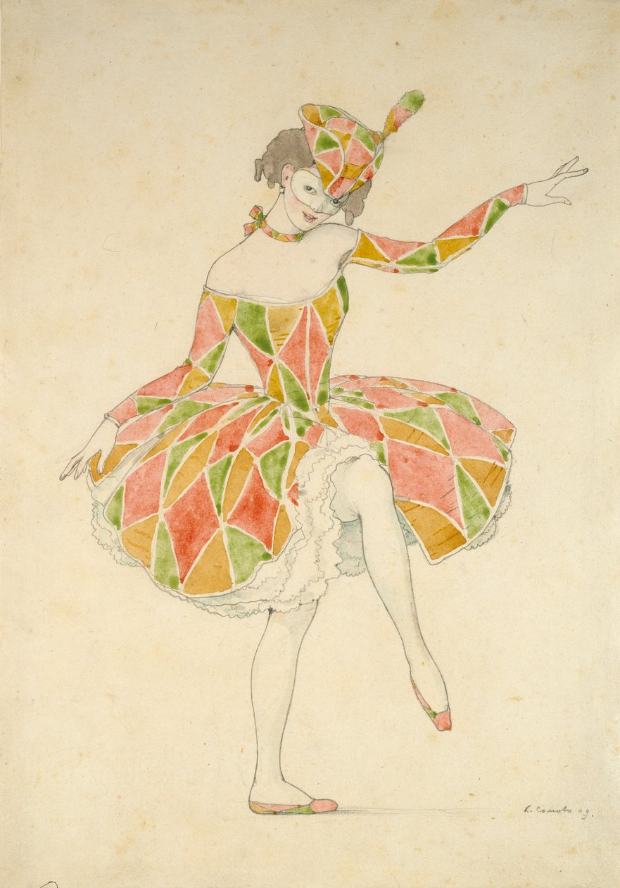 Suunnittelu Anna Pavlovan Columbinen asulle elokuvassa "Arlequinade", 1909 tekijältä Konstantin Somov