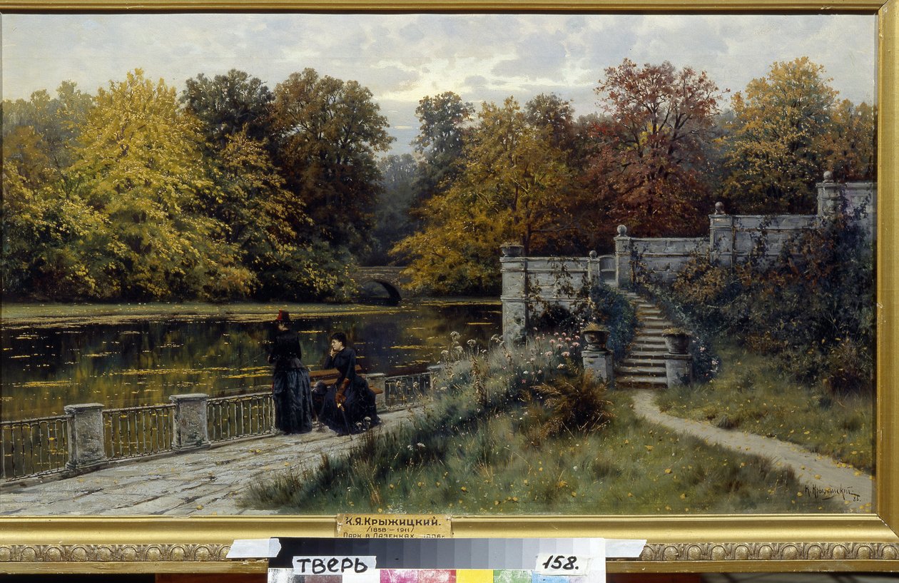 Lazienki Park (Varsova, Puola). Maalaus Konstantin Jakovlevich Kryzhitsky (1858-1911), öljy kankaalle tekijältä Konstantin Yakovlevich Kryzhitsky