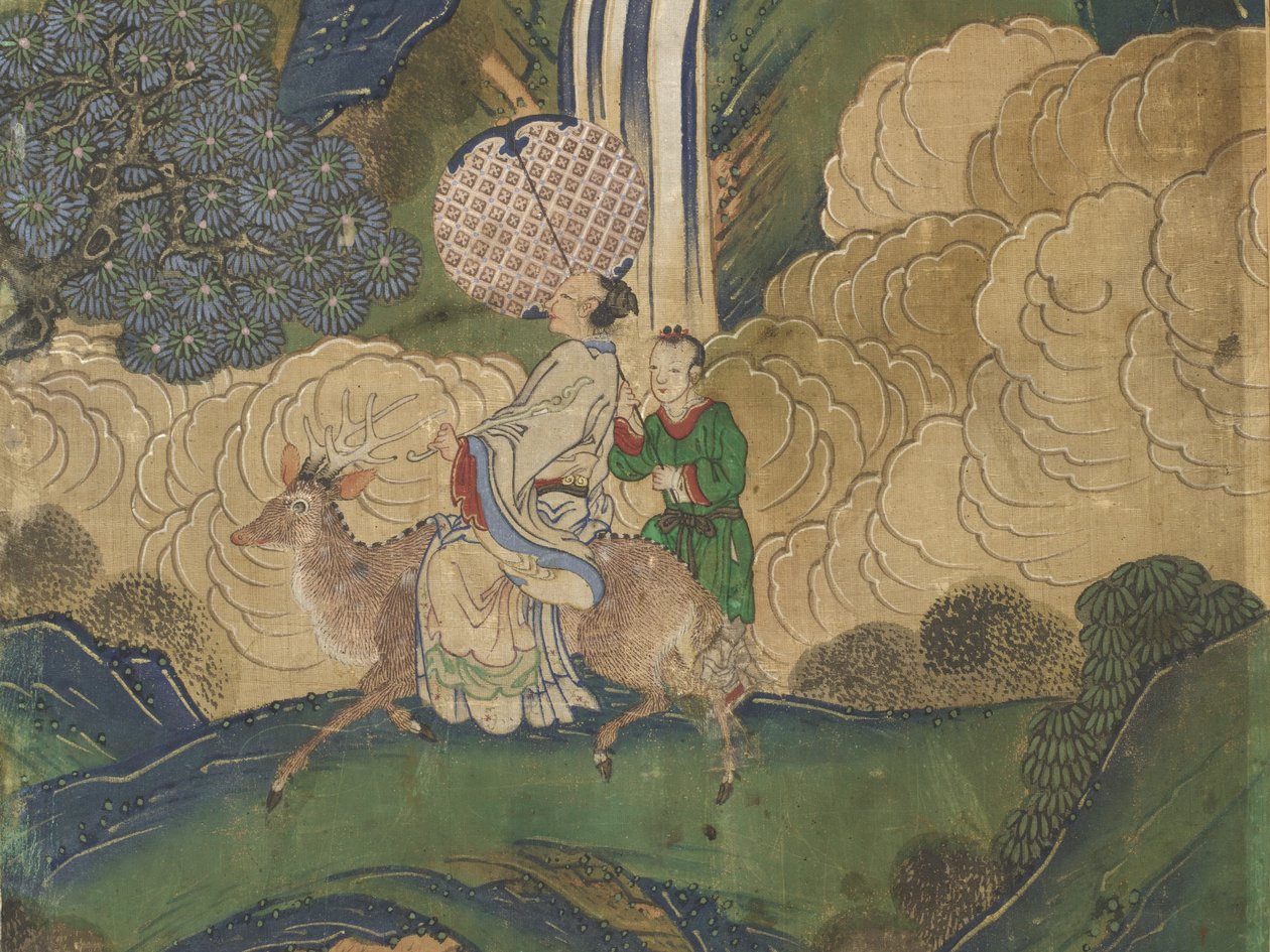 Vieras saapuu, yksityiskohta The Banquet of Seowangmo -tapahtumasta, n. 1800 (mustetta, väriä ja kultaa silkillä) tekijältä Korean School