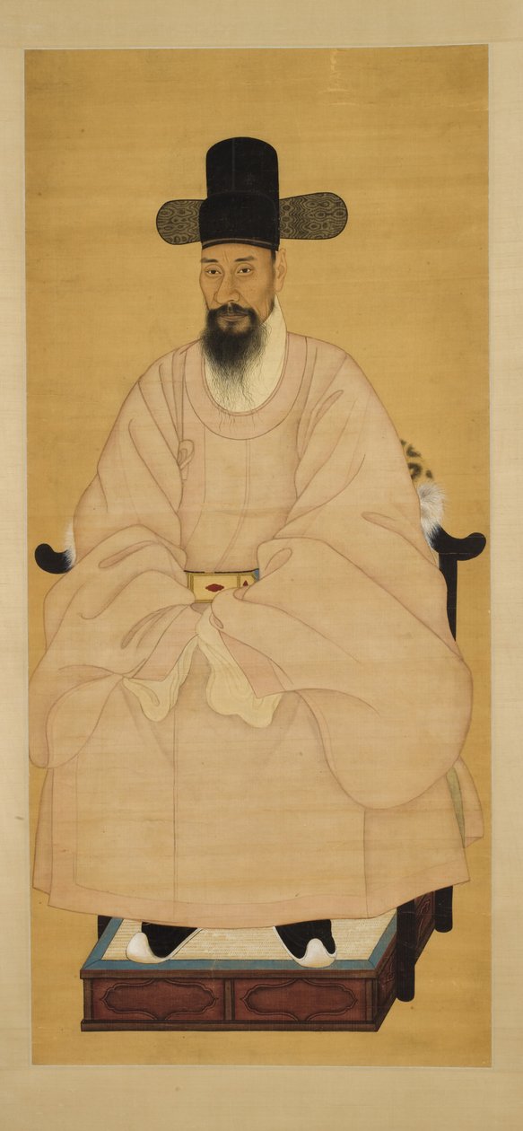 Muotokuva tutkija-virkailijasta vaaleanpunaisessa kaapussa, 1800-luku (riippuva kirjakäärö, mustetta ja väriä silkillä) tekijältä Korean School