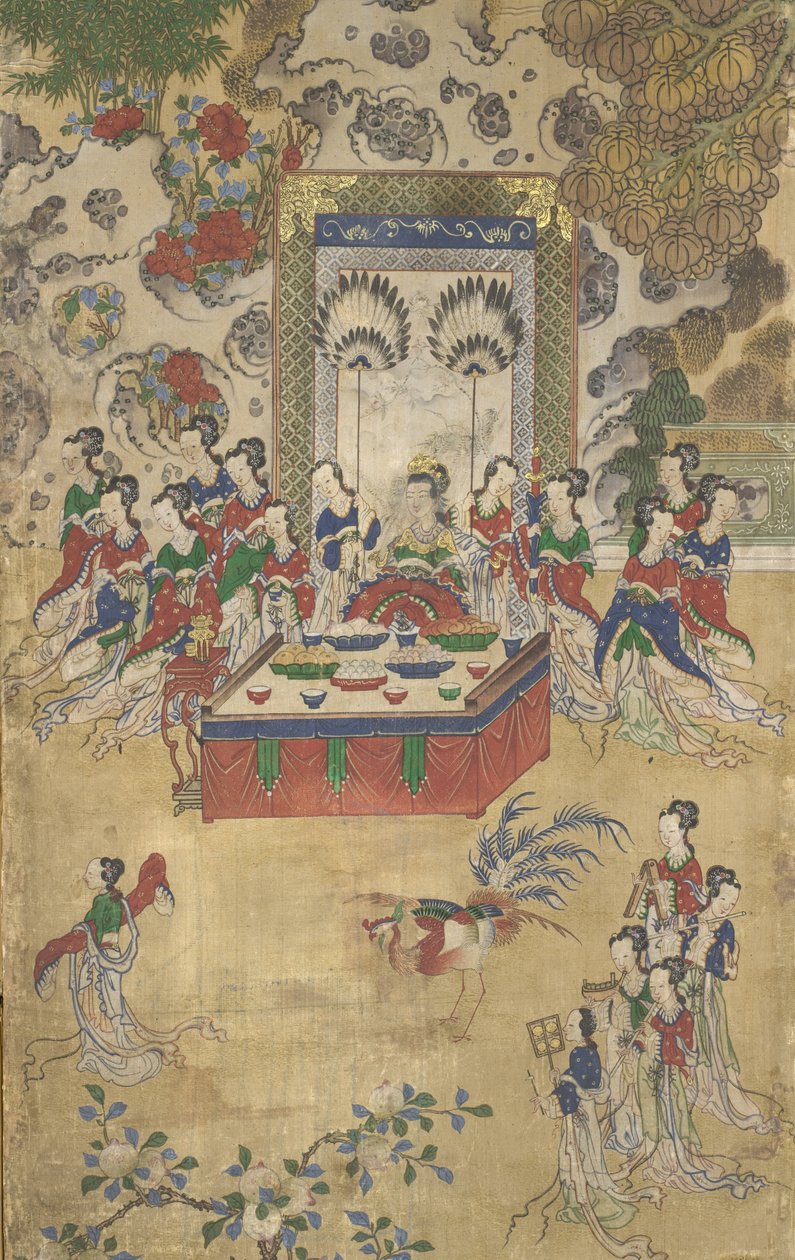 Seowangmo, yksityiskohta The Banquet of Seowangmo -tapahtumasta, n. 1800 (mustetta, väriä ja kultaa silkillä) tekijältä Korean School