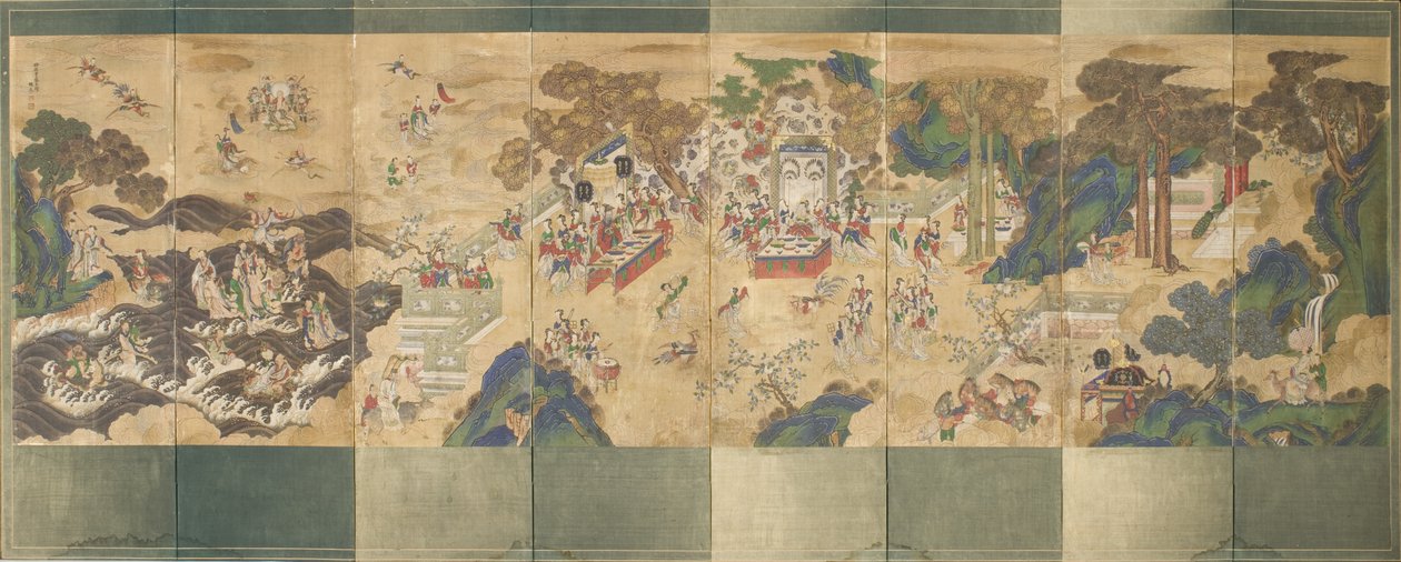 Seowangmon juhla, n. 1800 (mustetta, väriä ja kultaa silkillä) tekijältä Korean School