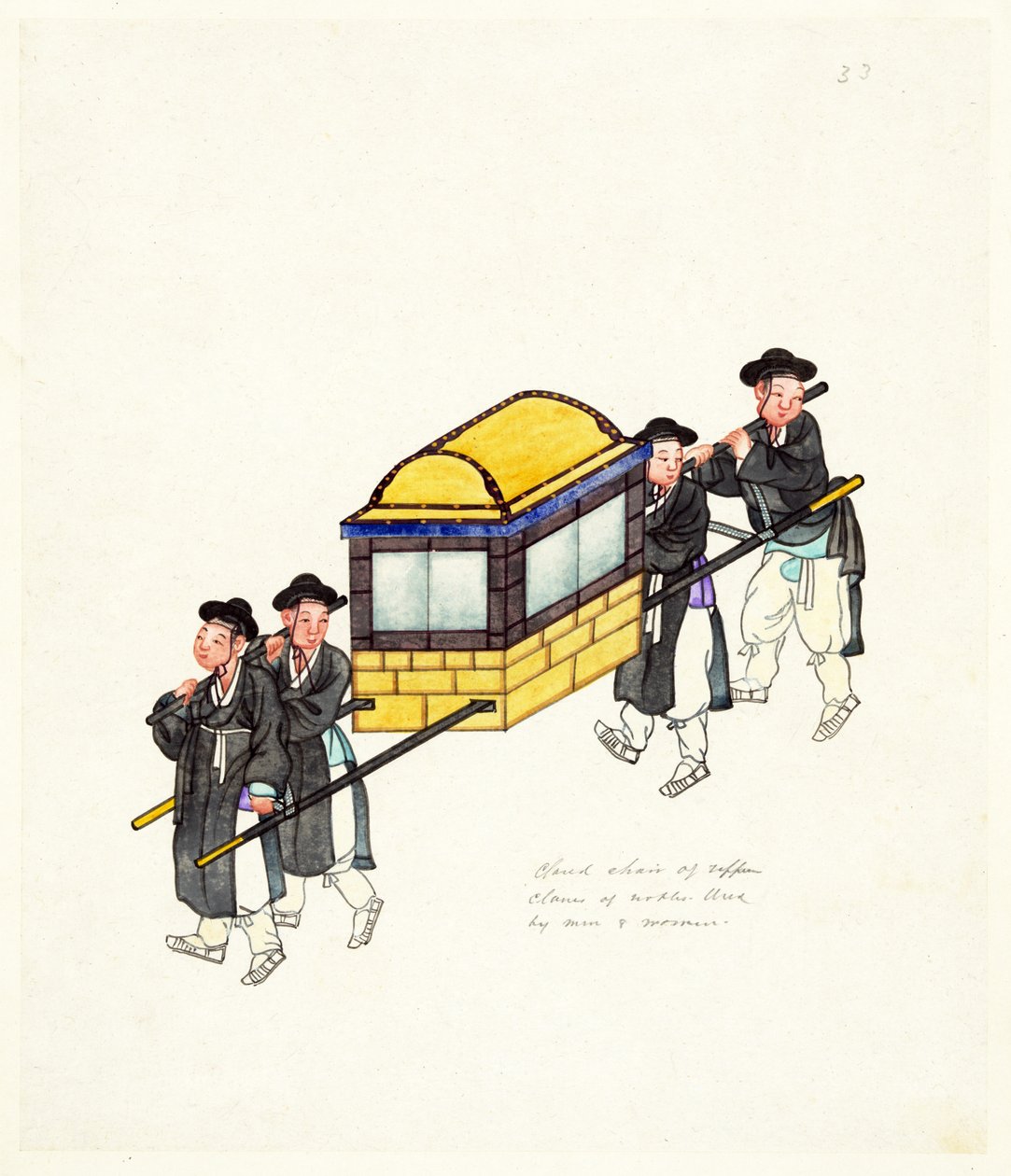 Esimerkki suljetusta palankiinista, julkaistu n. 1890 (käsinvärinen kaiverrus) tekijältä Korean School