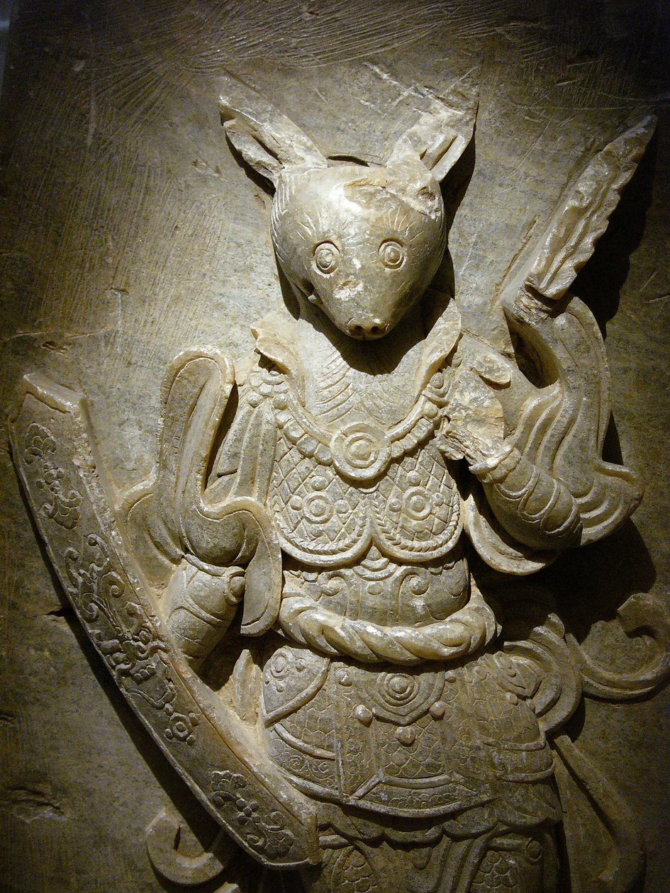 Hautakoriste, horoskooppi kani agalmatoliitilla, 8. vuosisadalla pohjoisen ja eteläisen kuningaskunnan aikana, Korea. Valokuvaus, Soulin kansallismuseo, Korean tasavalta tekijältä Korean School