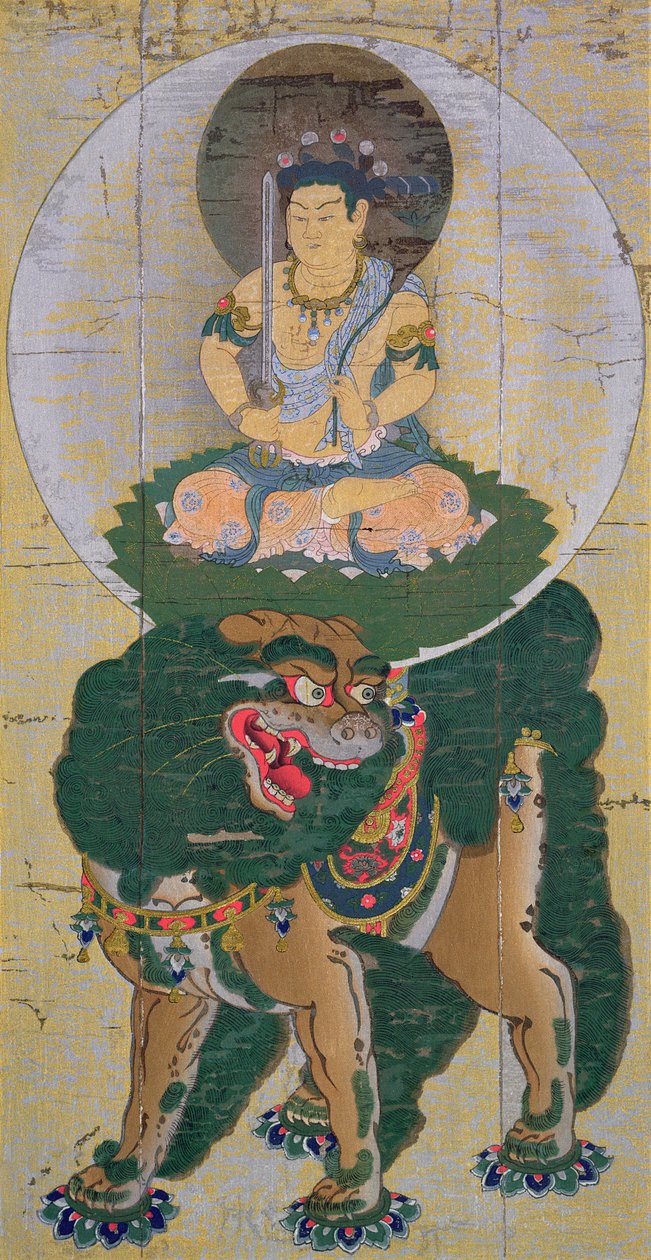 Bodhisattva Manjushri ratsastaa höyryä hengittävän leijonan päällä, kuva 1100-luvun kakemonon jälkeen Yamashiron Kozan-Jin temppelistä, julkaistu Kokka-lehdessä toukokuussa 1904 ( tekijältä Kose no Hirotaka