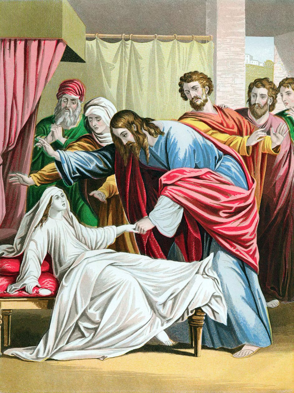Kristus herättää kuolleista Jairuksen, synagogan kuvernöörin tyttären, n. 1860 tekijältä Kronheim and Co