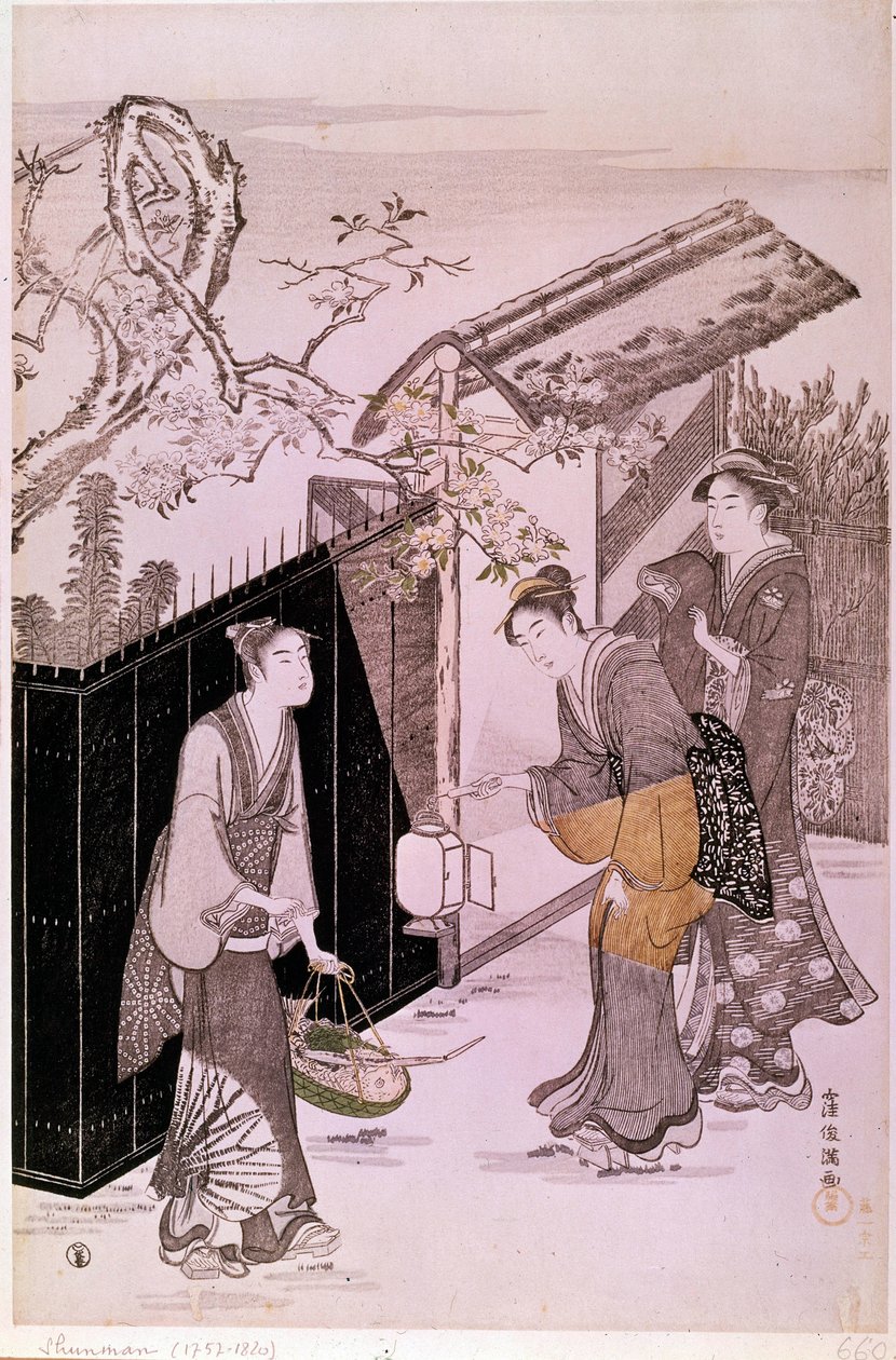 Takaisin runolliselta illalta keväällä japanilainen vedos Shunman Kubon (1757-1820). Pariisi, Guimetin museo, Aasian taiteen kansallinen museo tekijältä Kubo Shumman